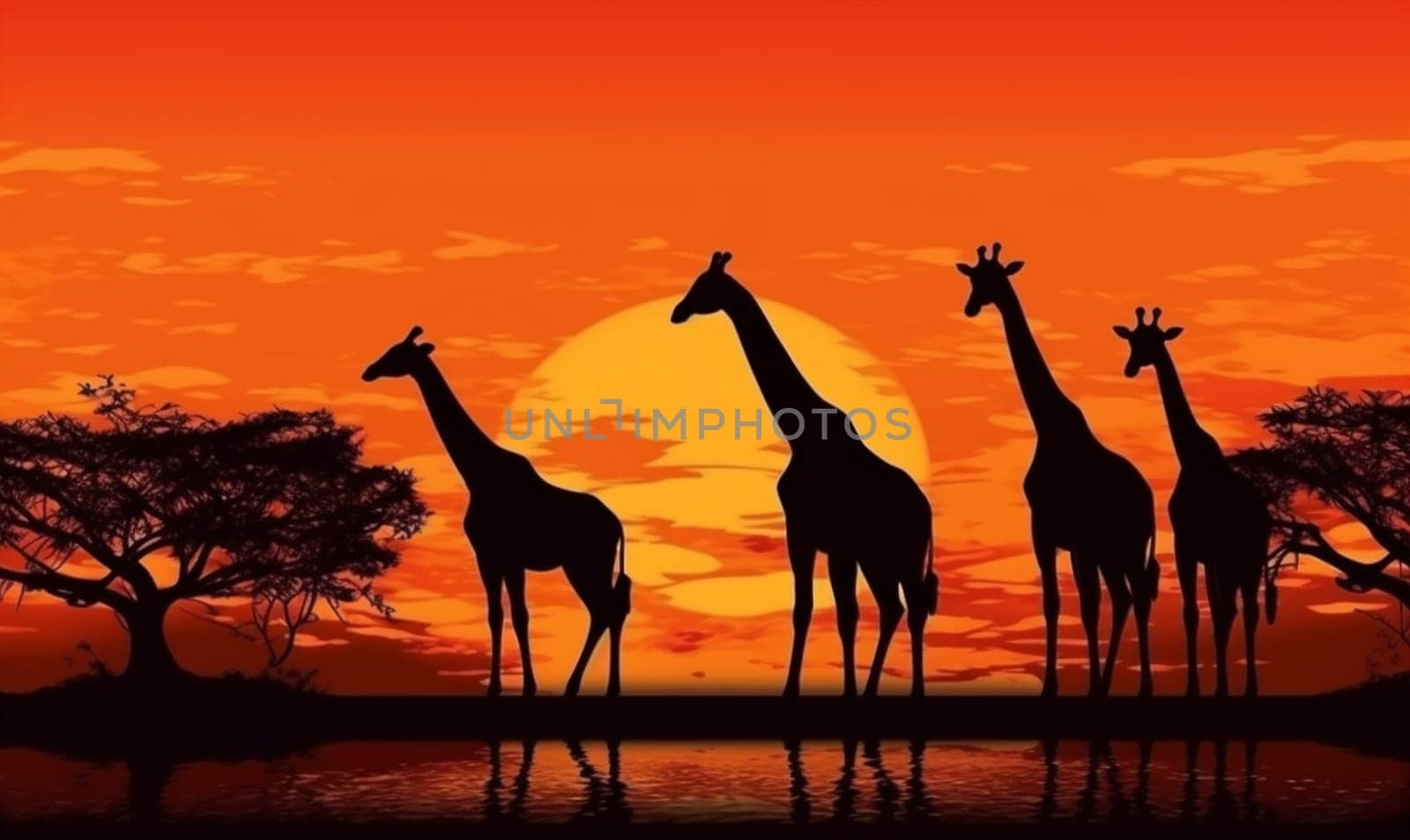 sunset elephant wildlife animal silhouette wild giraffe safari africa nature. Generative AI. by SHOTPRIME