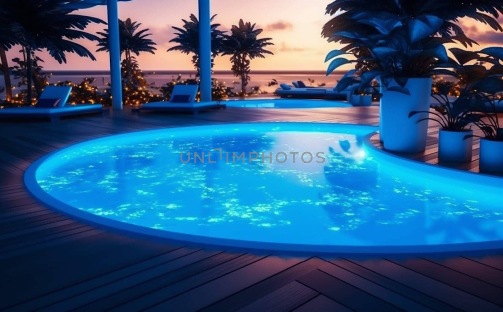 vacation summer hotel resort large water luxurious luxury tree night travel lighting pool light holiday view villa architecture suburban nature. Generative AI.