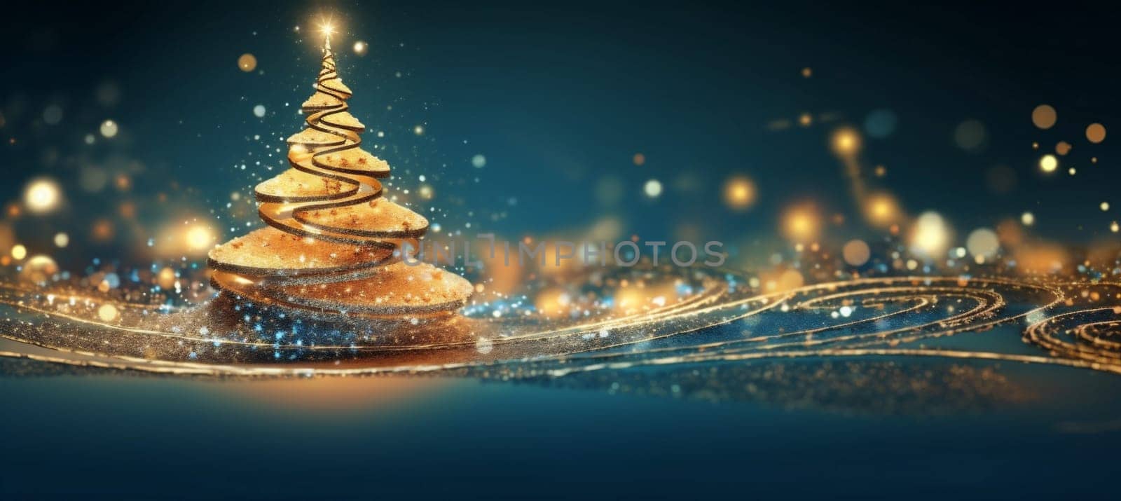 poster gold christmas decoration toy background ball blue tree holiday garland. Generative AI. by SHOTPRIME