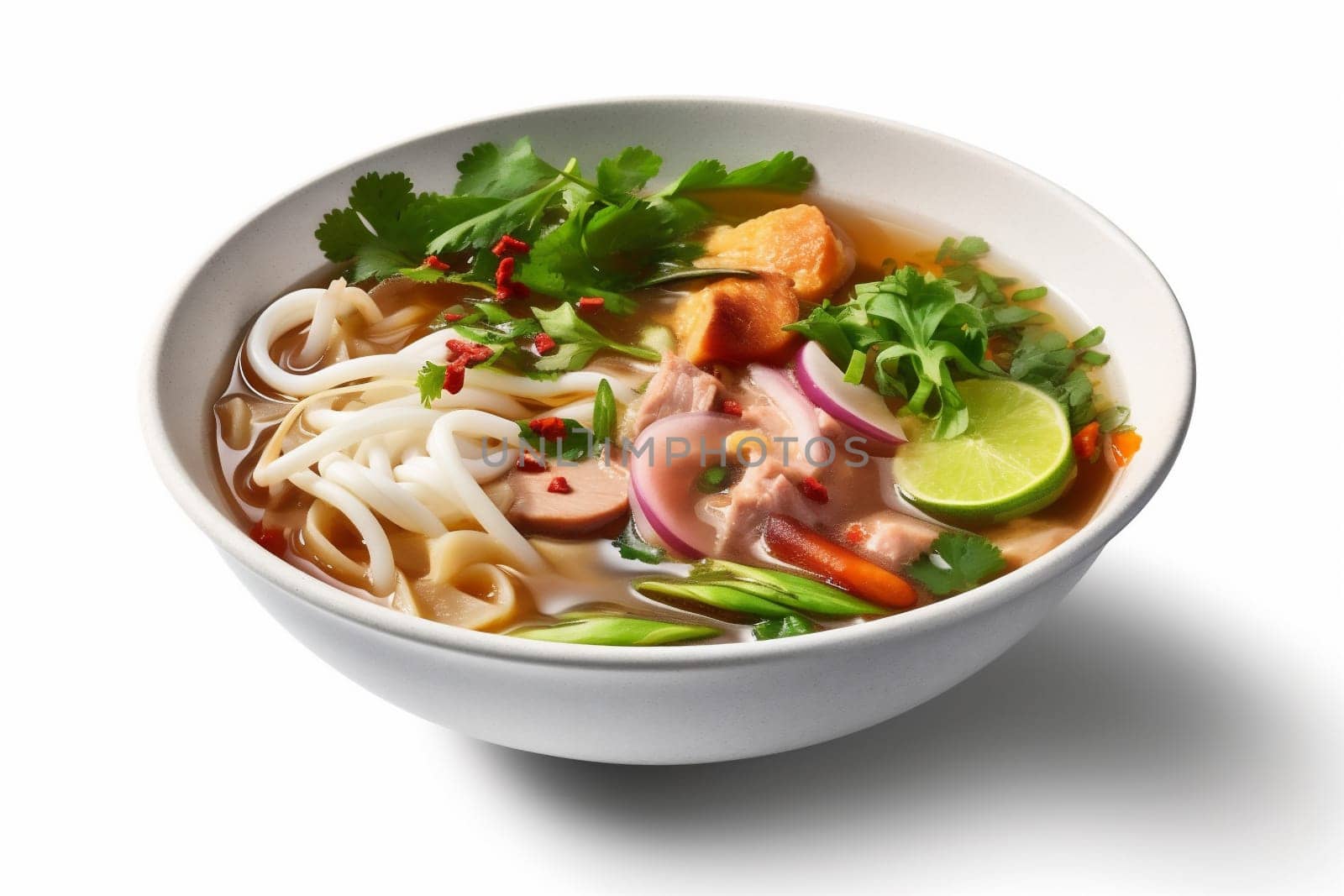 noodle dish isolated white spicy asian traditional meat background bowl tasty cooking top korea food white rice healthy lime broth soup on basil. Generative AI.