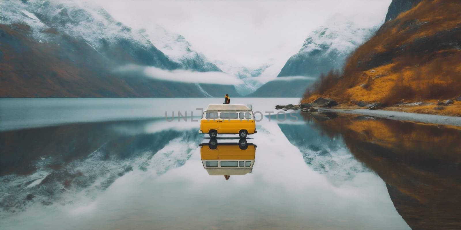 lifestyle man travel lake back mountain yellow nature water cape hiking. Generative AI. by SHOTPRIME