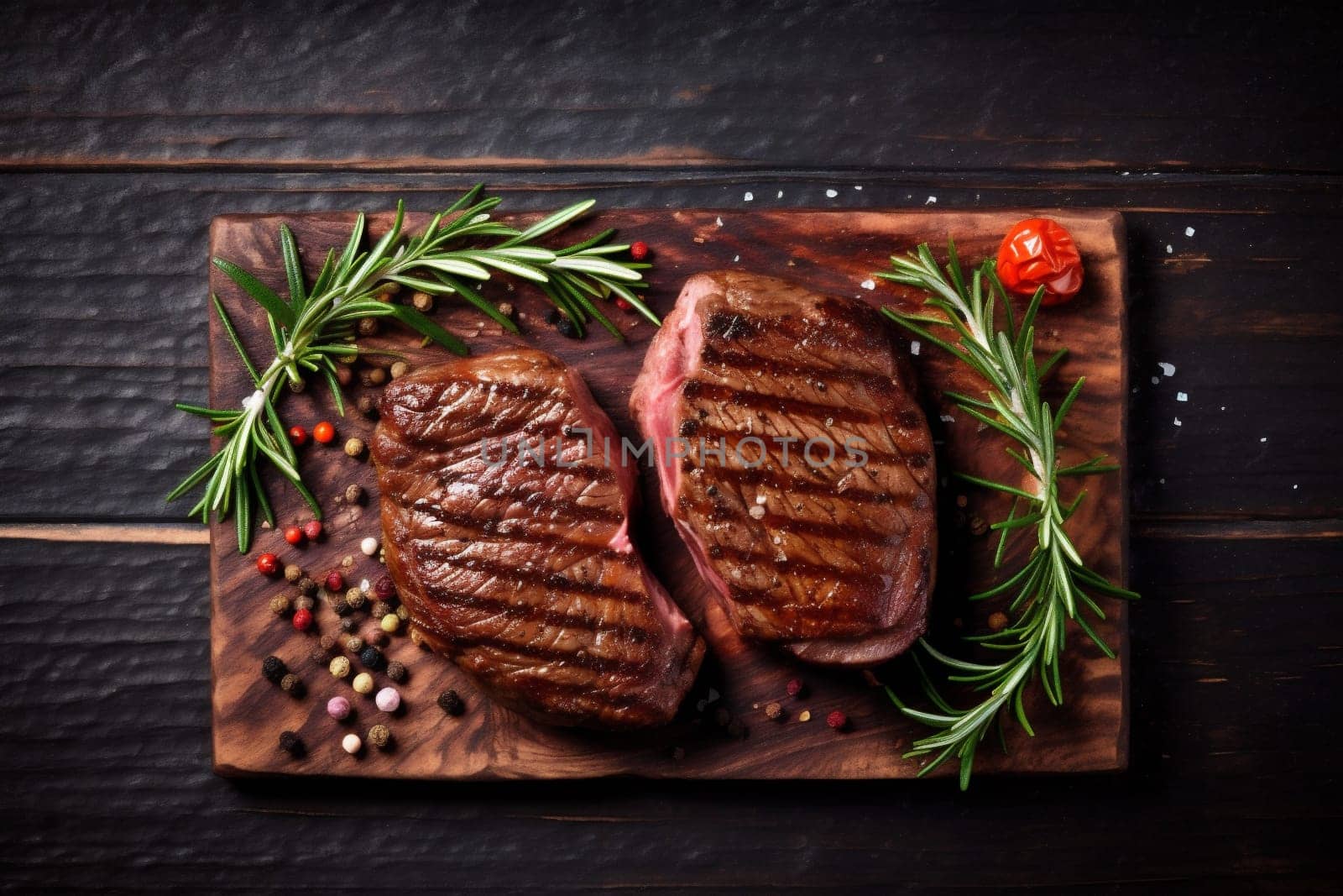 grill dark food fried beef raw red background top steak meat. Generative AI. by SHOTPRIME