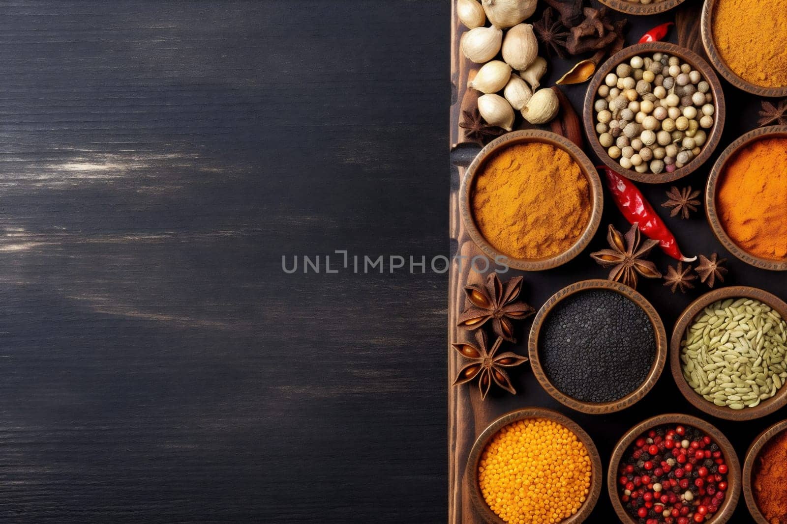 ingredient mix herb powder indian food dry cooking background spice seasoning. Generative AI. by SHOTPRIME