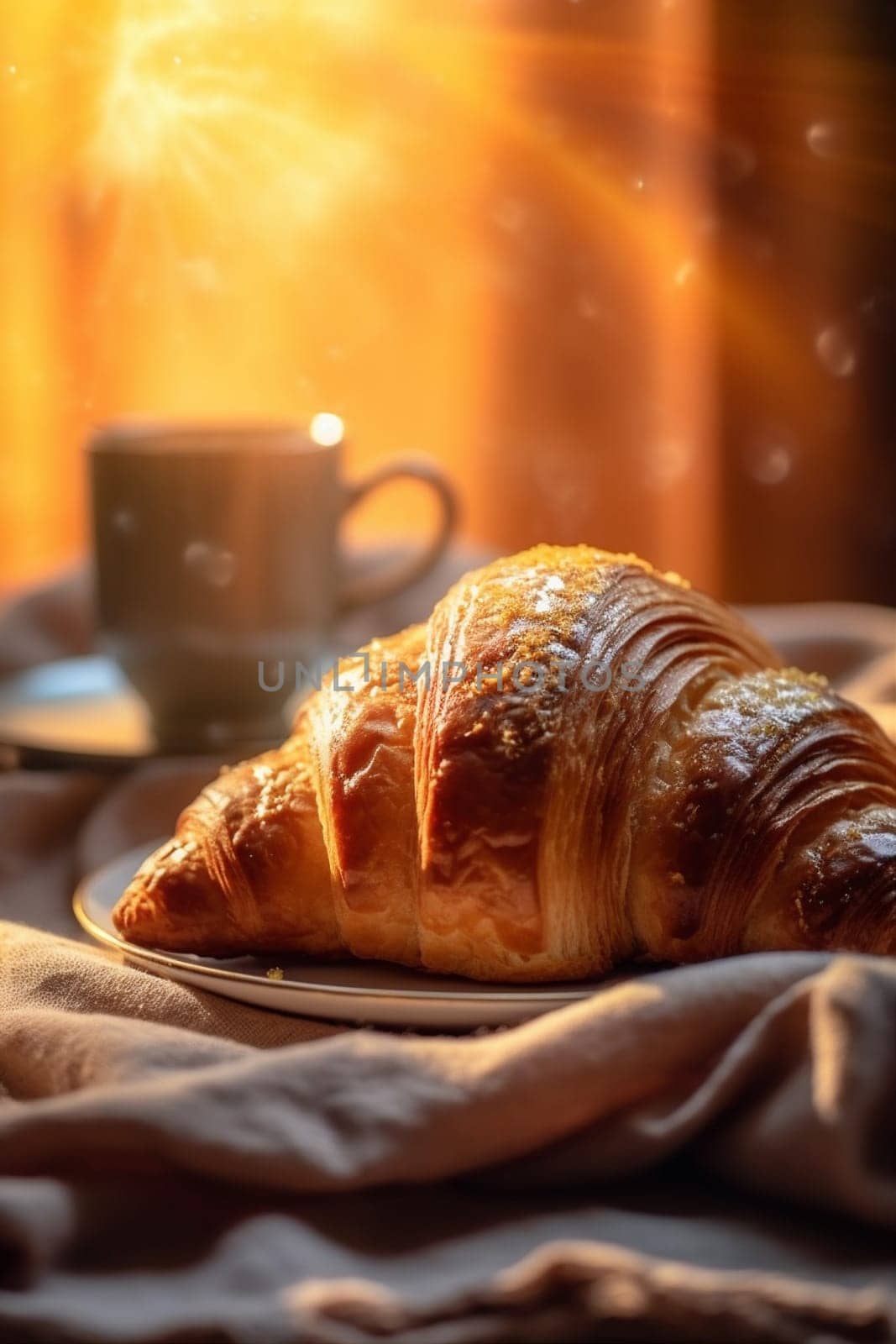 background background breakfast hot bokeh drink croissant morning bakery table food cup. Generative AI. by SHOTPRIME