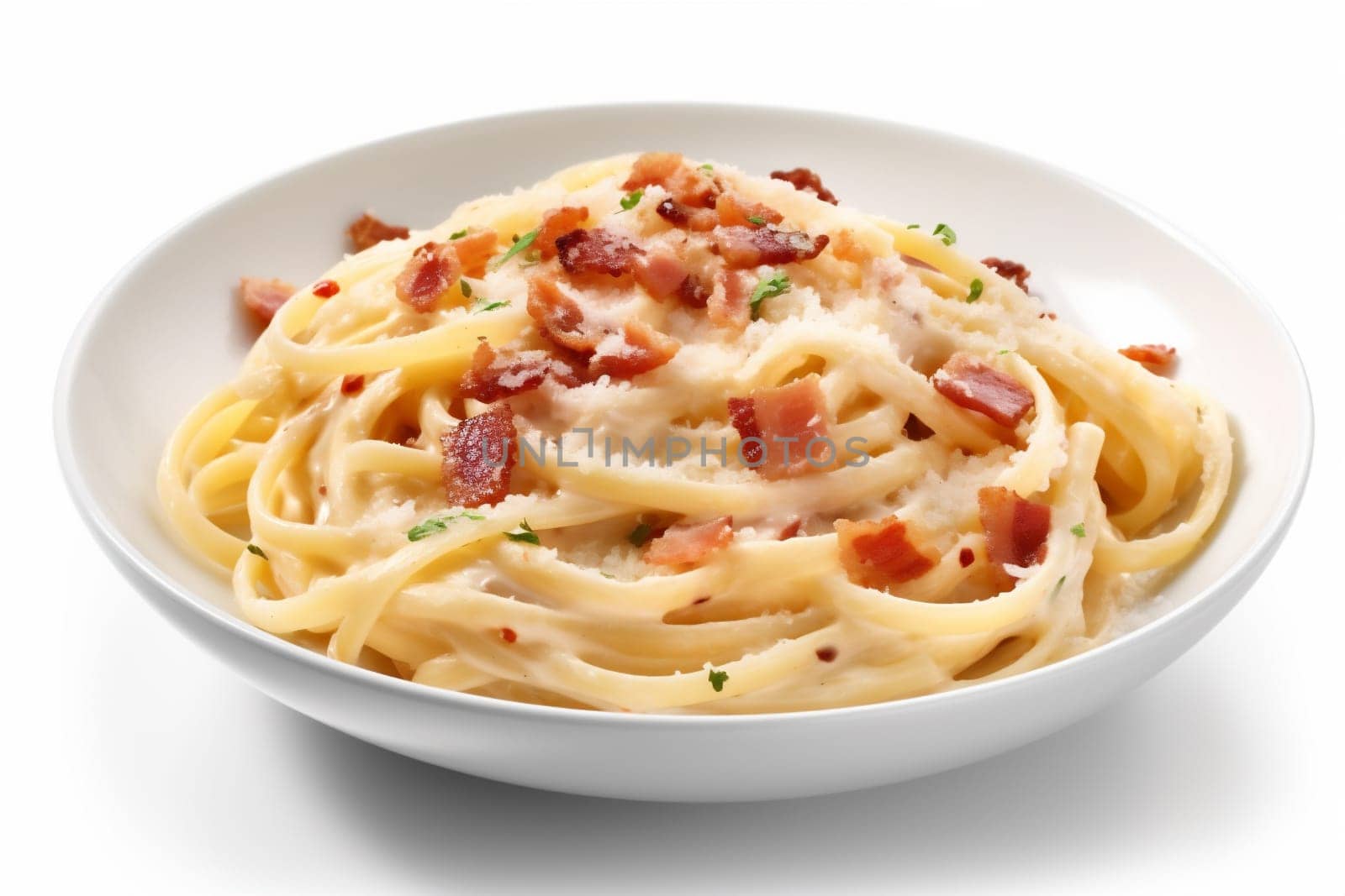 plate delicious isolated cream cheese italian bacon noodle mushroom sauce white spaghetti carbonara pasta food lunch background gourmet cuisine italy cooked. Generative AI.