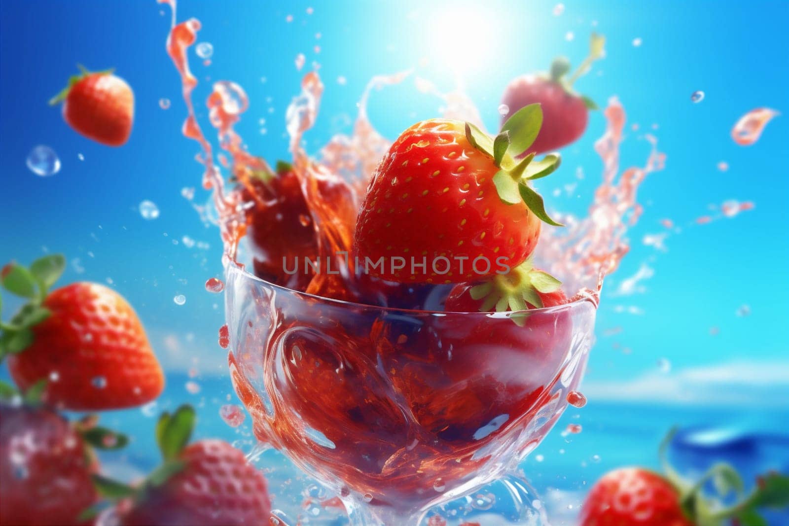 motion splash juice isolated hookah liquid sweet vitamin background blue water healthy raw red freshness food ingredient delicious strawberry fruit fresh. Generative AI.