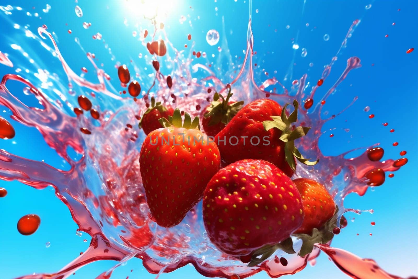 water fruit fresh background blue freshness food splash healthy red strawberry. Generative AI. by SHOTPRIME