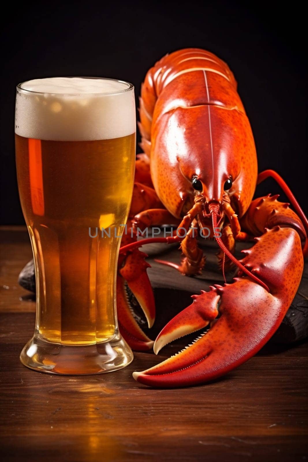 seafood glass pub crayfish food crawfish snack red background beer crab. Generative AI. by SHOTPRIME