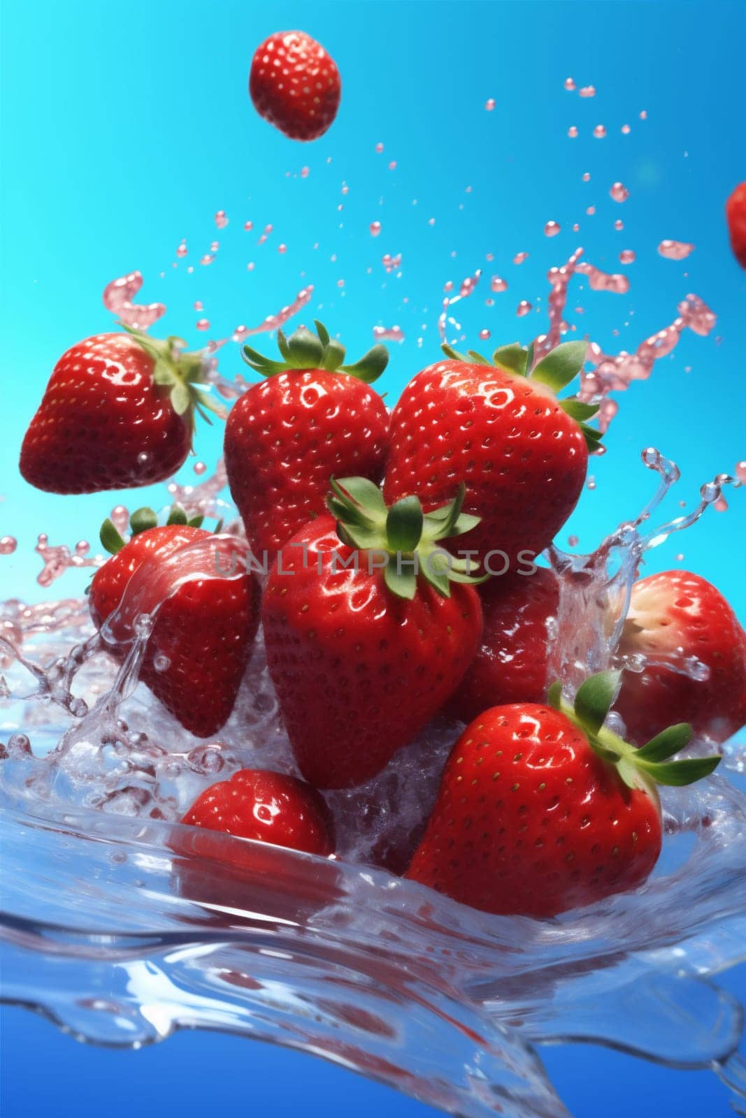 milk juice ripe water fresh isolated blue sweet cyan red background fruit delicious splash beautiful background natural freshness food strawberry healthy. Generative AI.