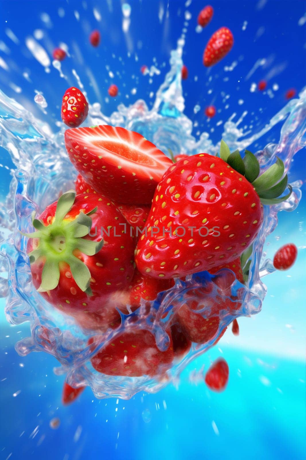 freshness fruit red splash water fresh strawberry healthy background food blue. Generative AI. by SHOTPRIME