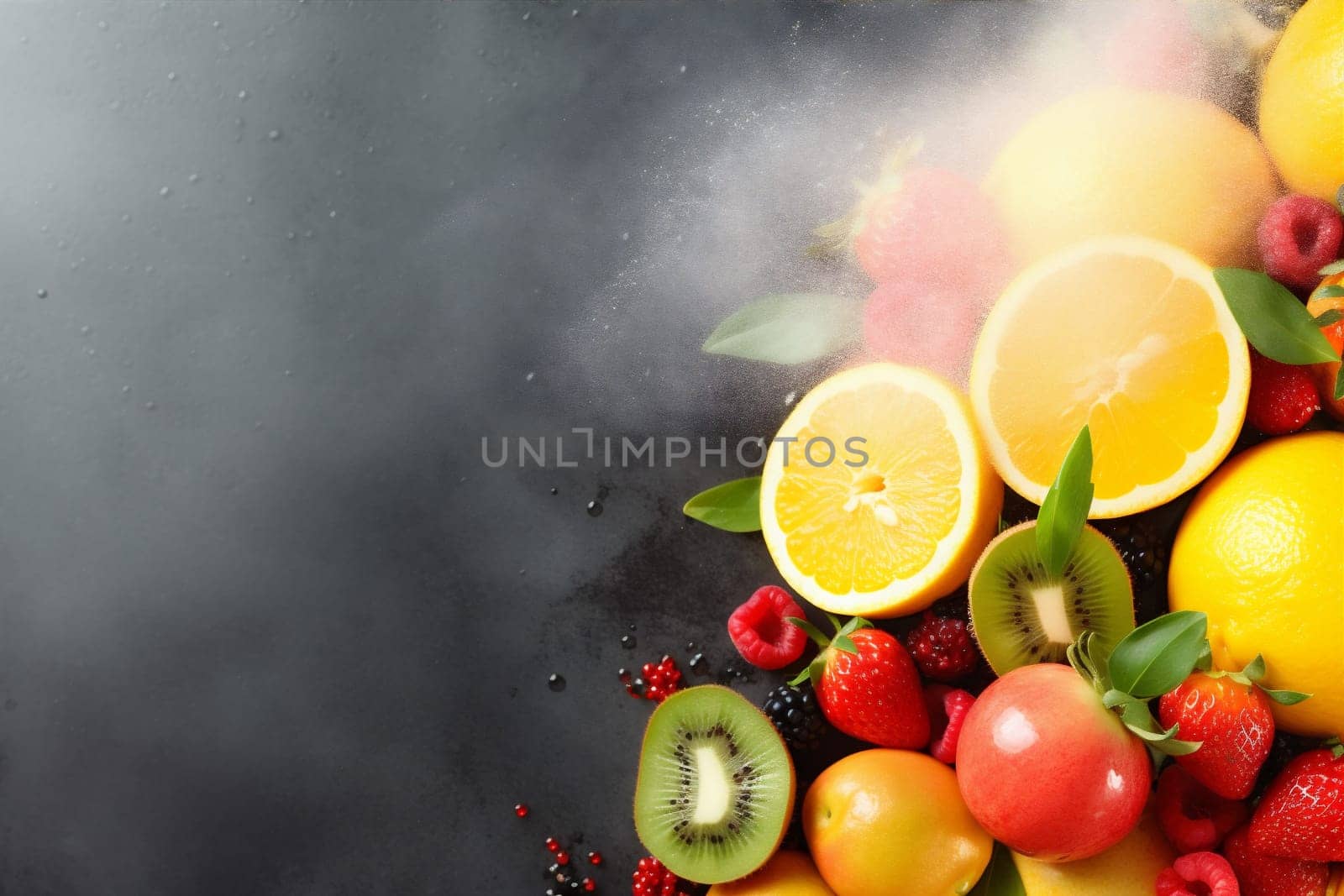 apple grape food smoke orange ice juice white hookah fruit background. Generative AI. by SHOTPRIME