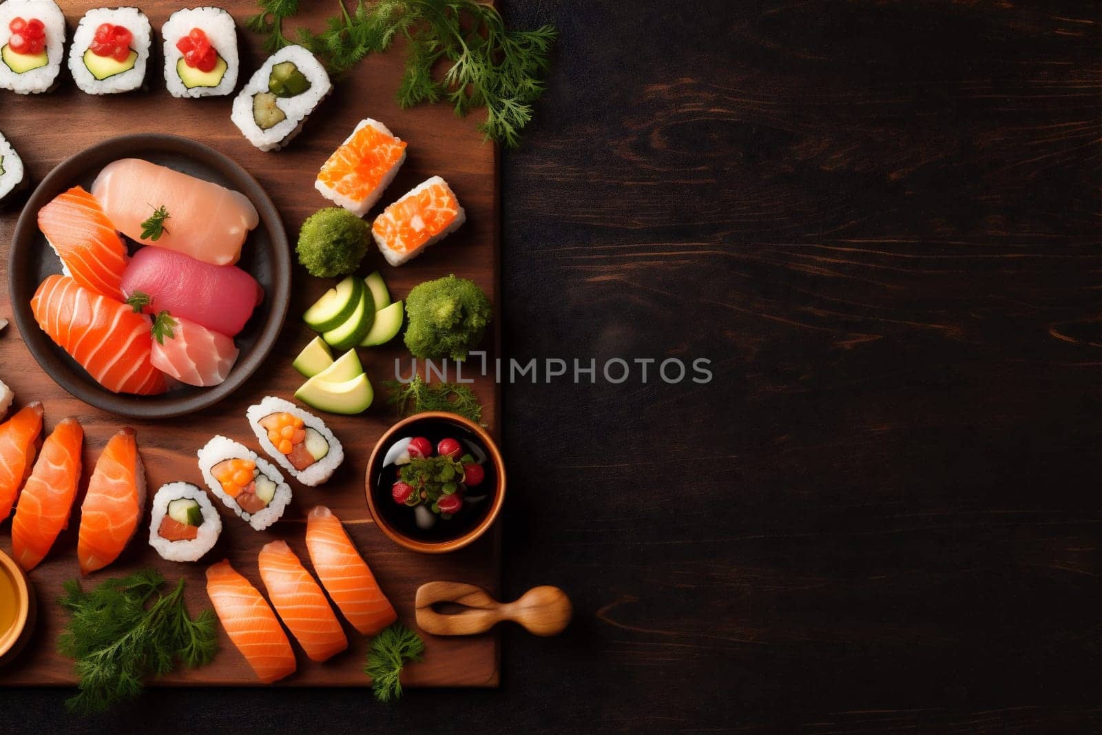 sushi asian food fish healthy rice roll fresh japanese seafood. Generative AI. by SHOTPRIME