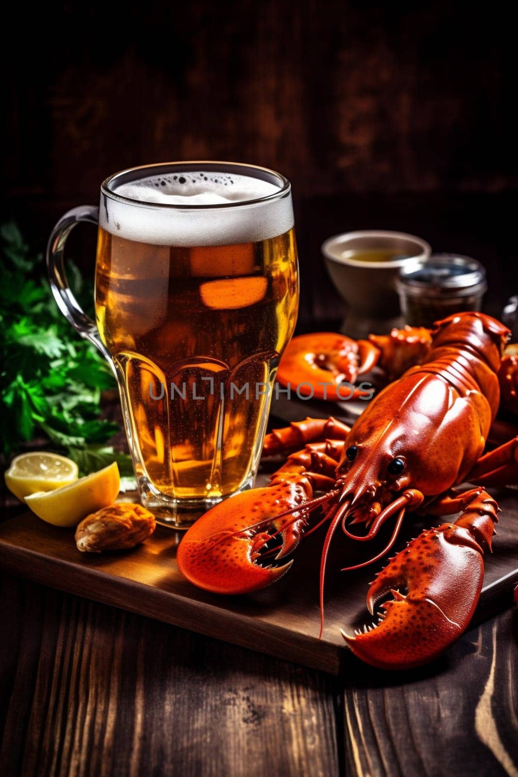 background food seafood glass beer crayfish red crab dinner crawfish snack. Generative AI. by SHOTPRIME