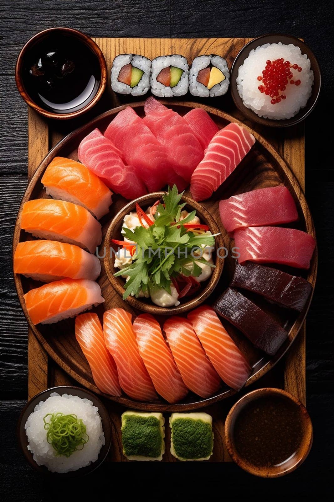 wooden set seafood wood fish vegetable restaurant sushi meal black asian japan rice top eat delicious food tasty roll japanese. Generative AI.