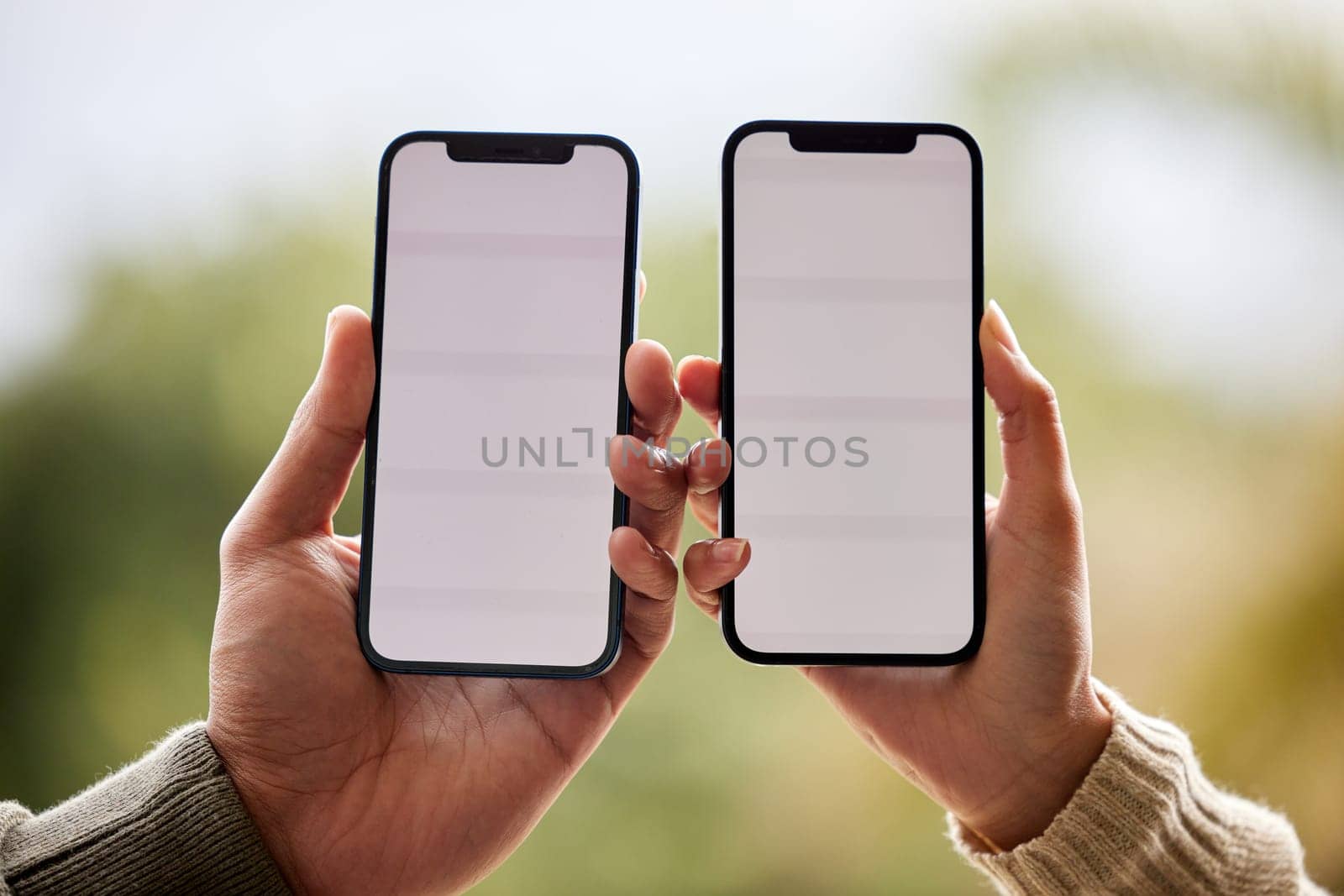 Phone screen, mockup and hands of couple of friends with online promotion and deal space outdoor. Hand, mobile and advertisement on cellphone with connectivity, network and dating app on web by YuriArcurs