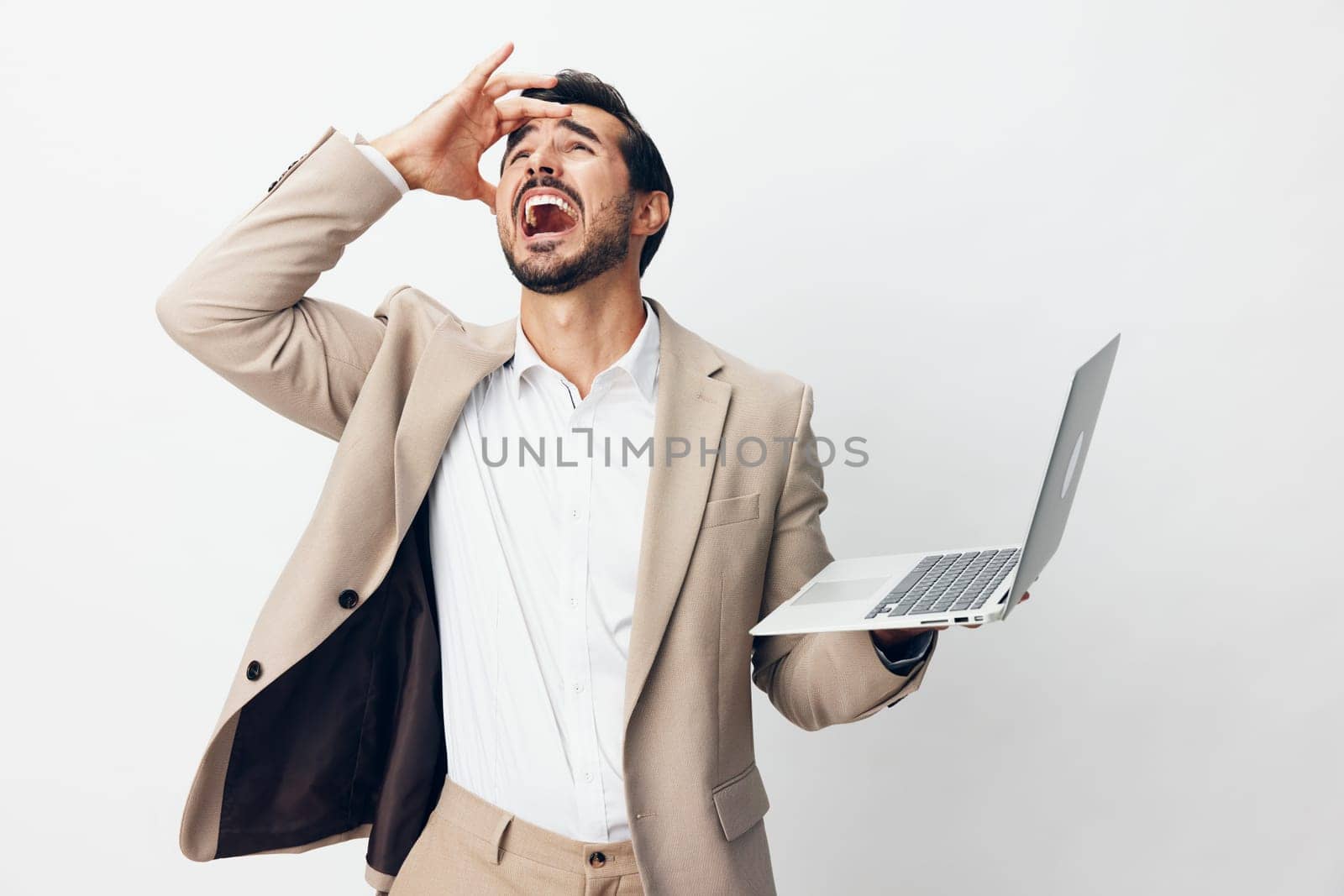 thoughtful man job suit internet laptop business copyspace beige freelancer computer by SHOTPRIME