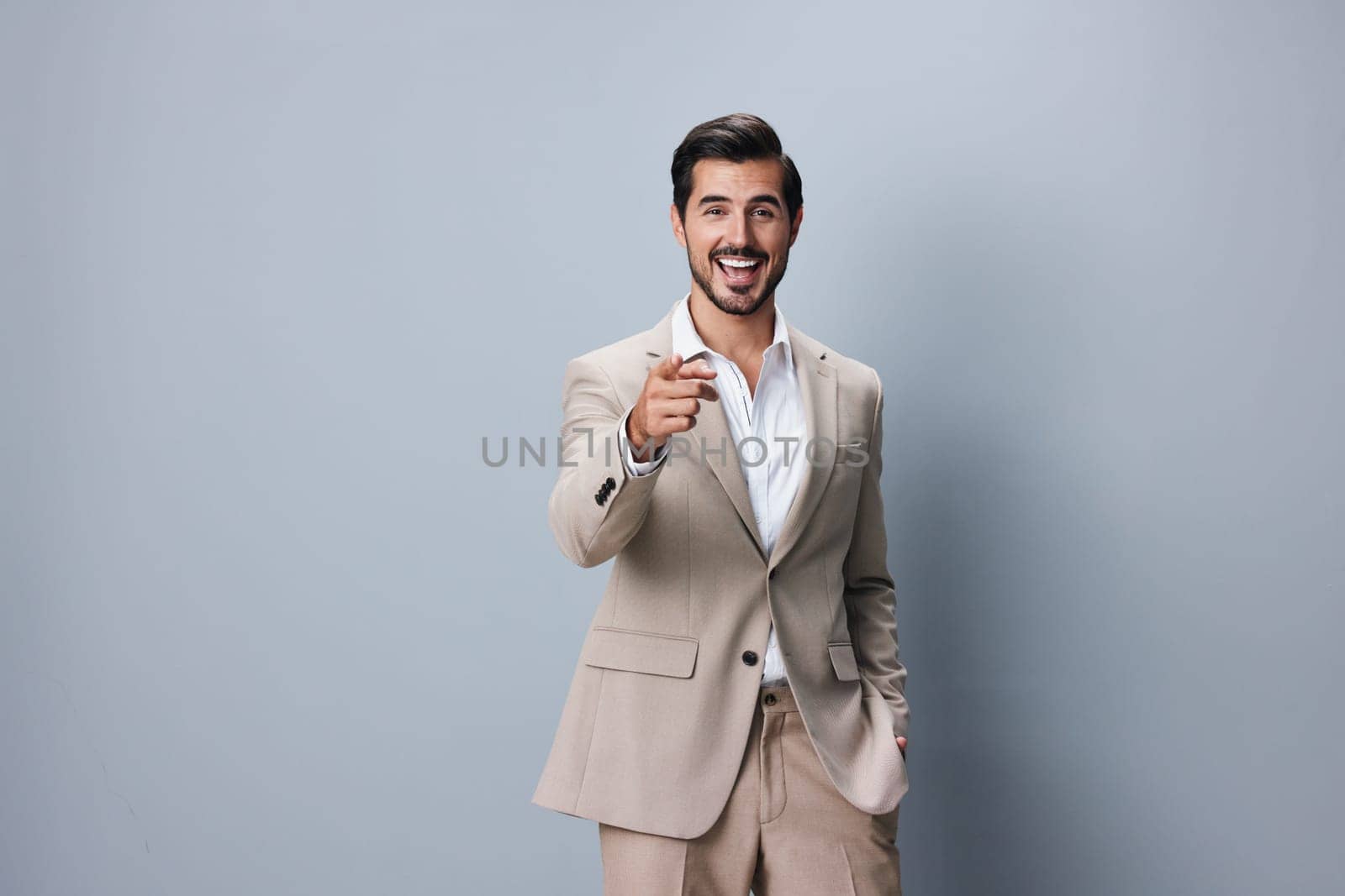 man victory business hand beige model suit arm businessman winner happy by SHOTPRIME