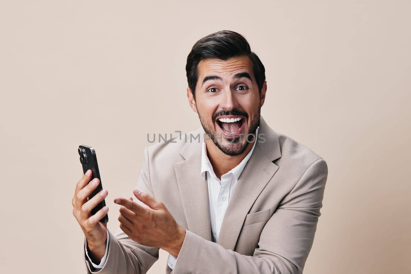 online man adult portrait hold connection smile happy smartphone phone trading person call gray copy handsome businessman isolated holding suit space business