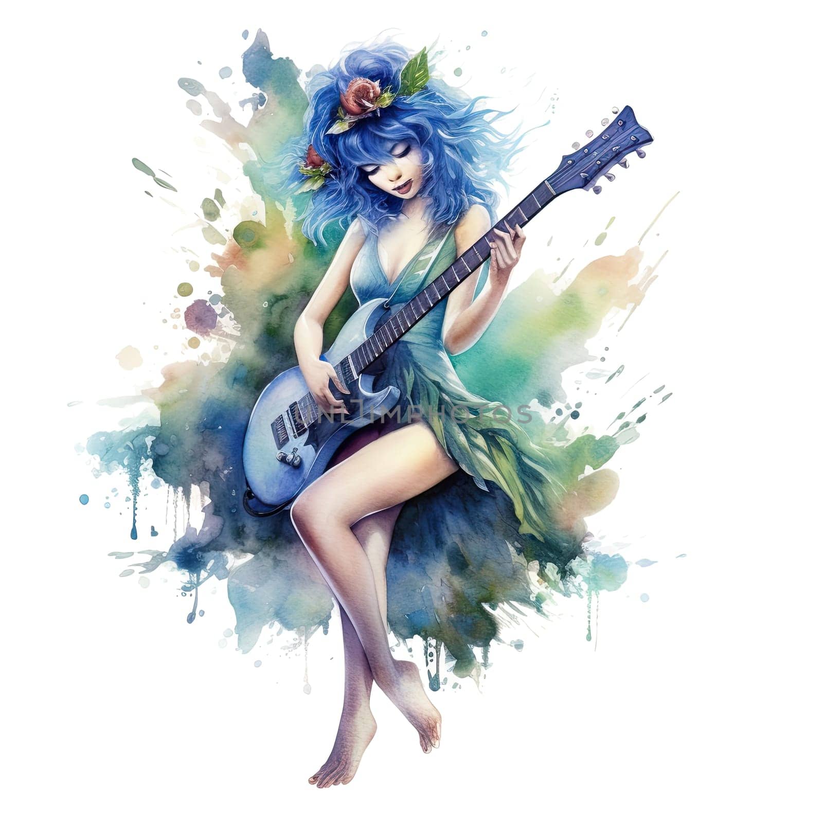 Fairytale heroine. Full length illustration of a cool modern fairy and miniskirt playing electric guitar on a transparent background. Princess tales. Ai generative