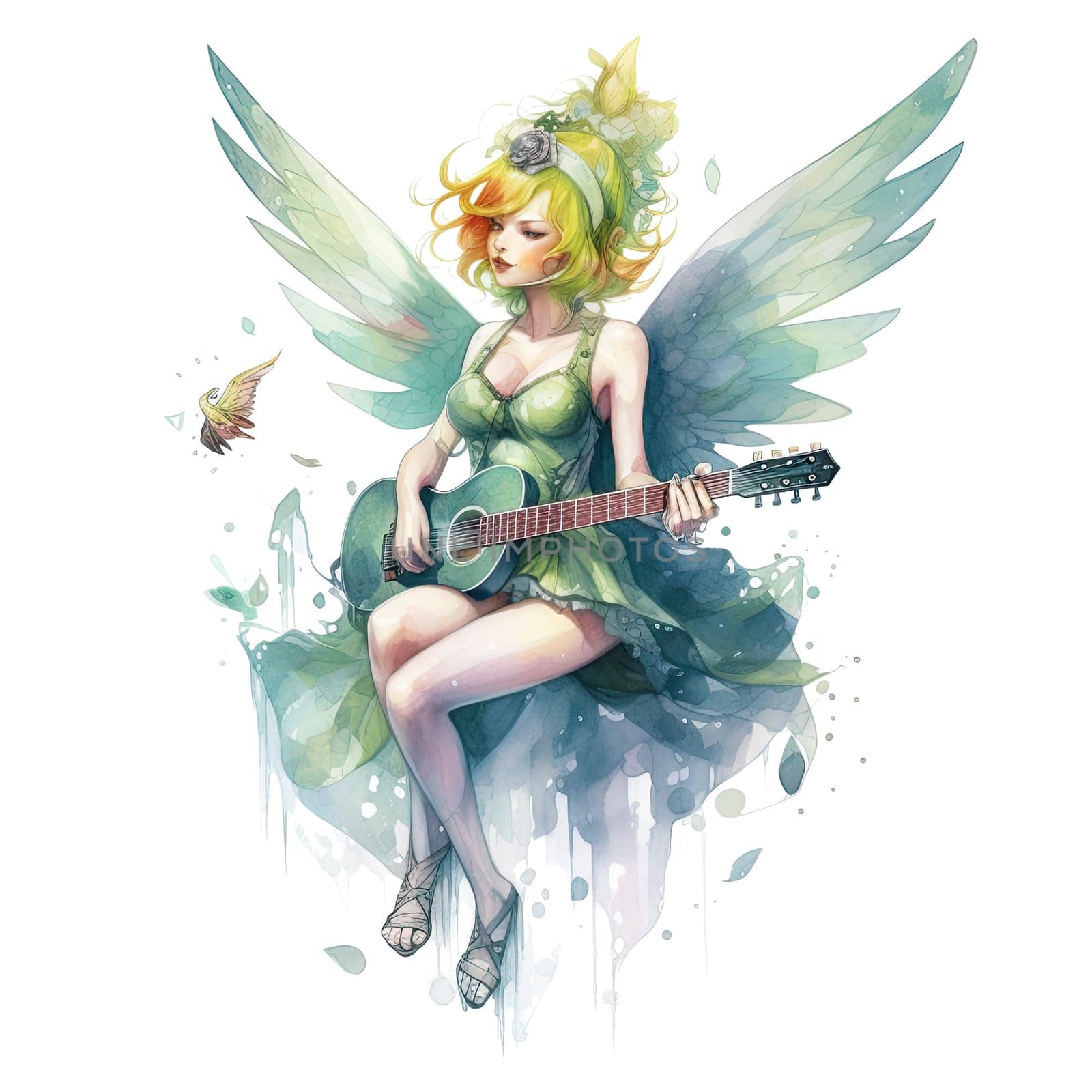 Fairytale heroine. Full length illustration of a cool modern fairy and miniskirt playing electric guitar on a transparent background. Princess tales. Ai generative