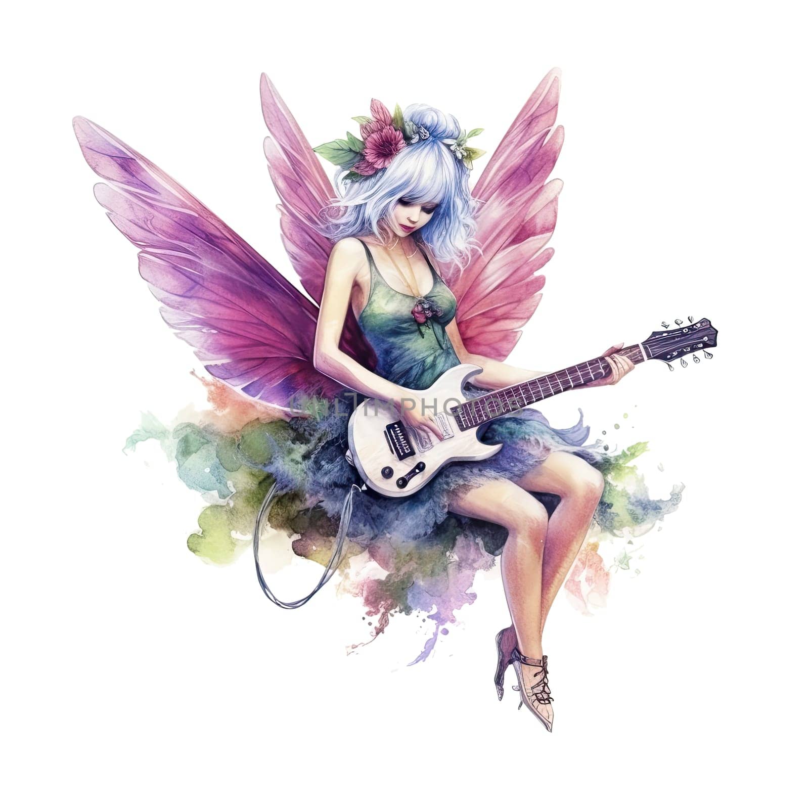 Fairytale heroine. Full length illustration of a cool modern fairy and miniskirt playing electric guitar on a transparent background. Princess tales. Ai generative