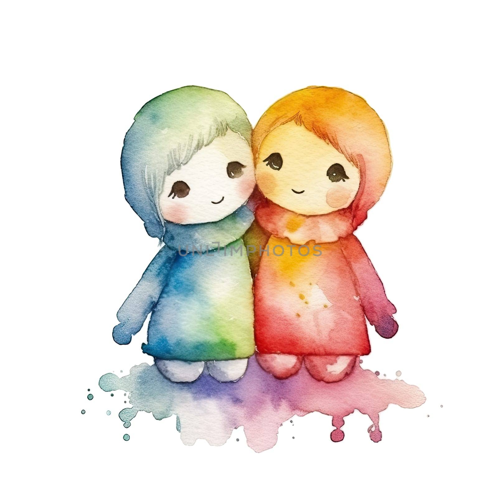 Rainbow Couple Dolls Clipart, LGBTI Watercolor Art, Dolls PNG, Instant Doll Stickers, Dolls Transparent background. Ai generative