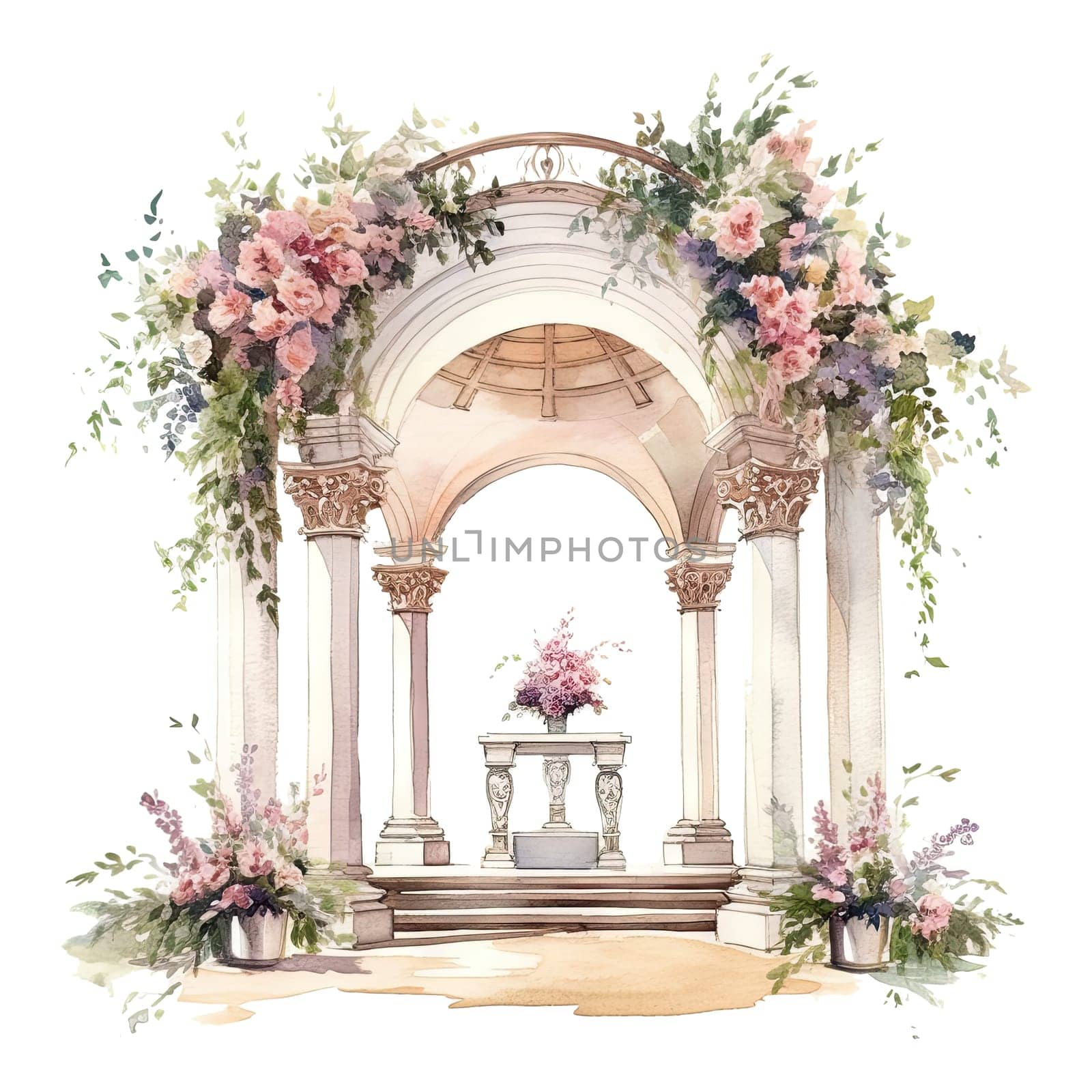 Set of watercolor wedding elements. The bride and groom's shoes, cake, bouquet, plate and appliances, champagne glasses, flower arch. Elements for wedding timing, cards, greeting cards. Ai generative by jbruiz78