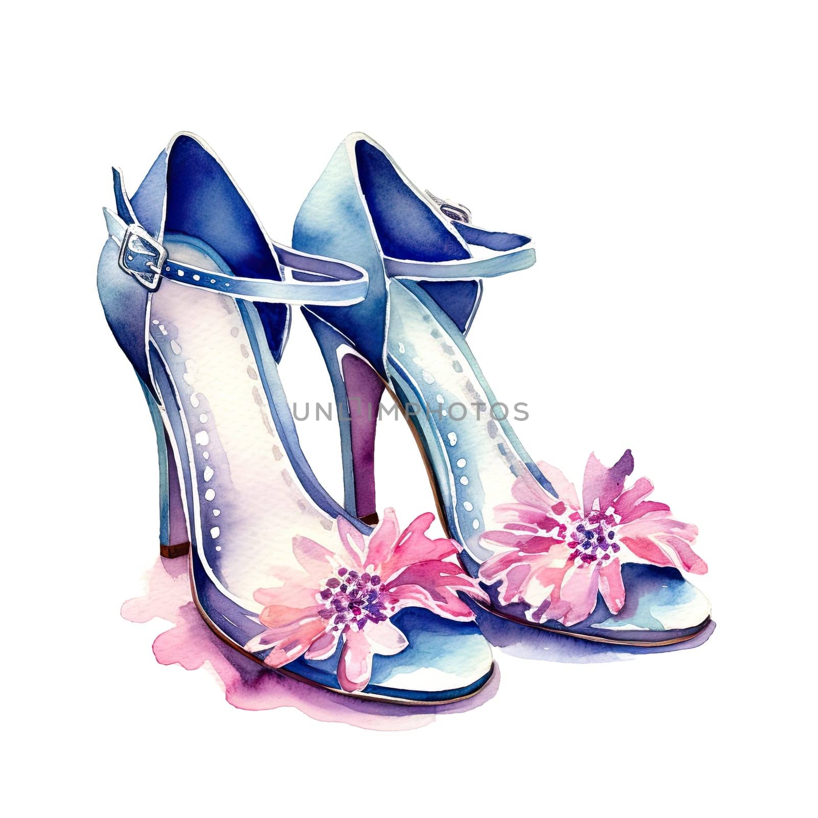 Set of watercolor wedding elements. The bride and groom's shoes, cake, bouquet, plate and appliances, champagne glasses, flower arch. Elements for wedding timing, cards, greeting cards. Ai generative by jbruiz78