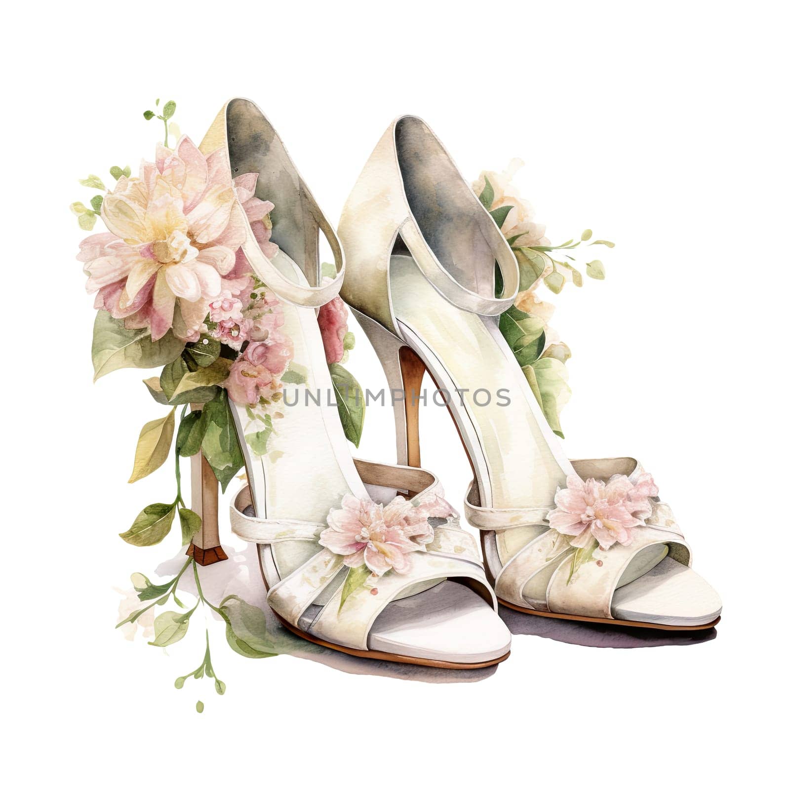 Set of watercolor wedding elements. The bride and groom's shoes, cake, bouquet, plate and appliances, champagne glasses, flower arch. Elements for wedding timing, cards, greeting cards. Ai generative by jbruiz78