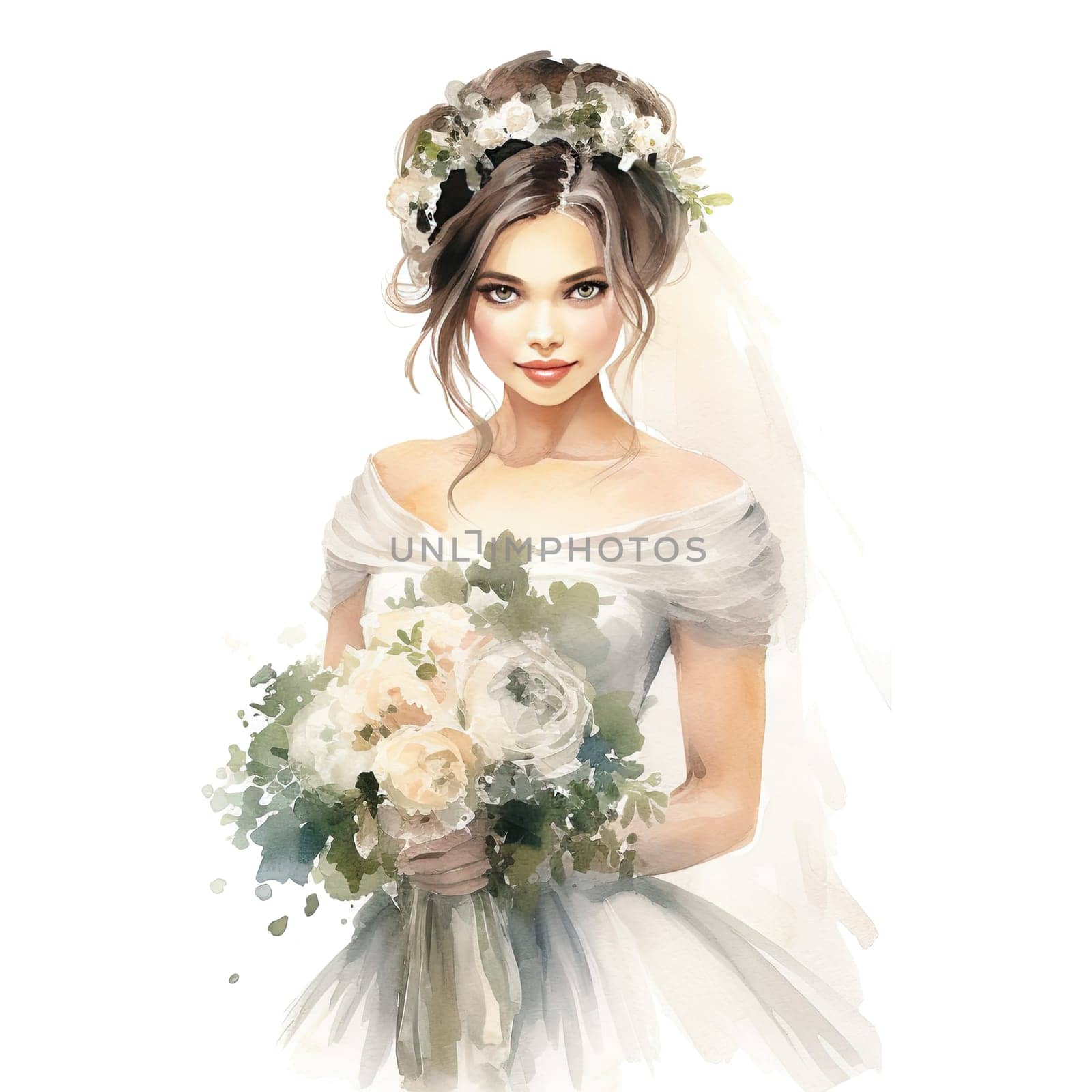 bride wearing a long wedding dress walking with roses watercolor art