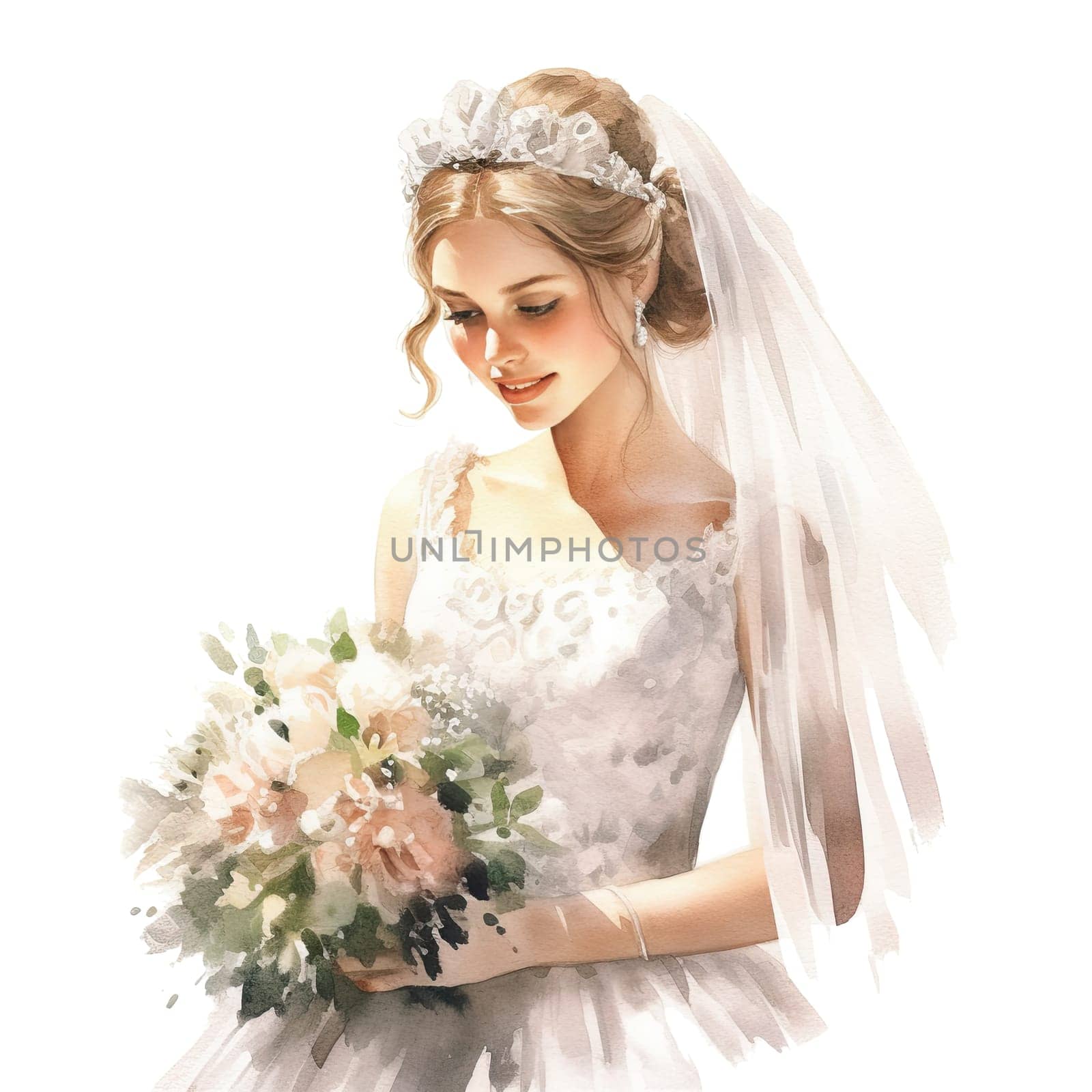 bride wearing a long wedding dress walking with roses watercolor art