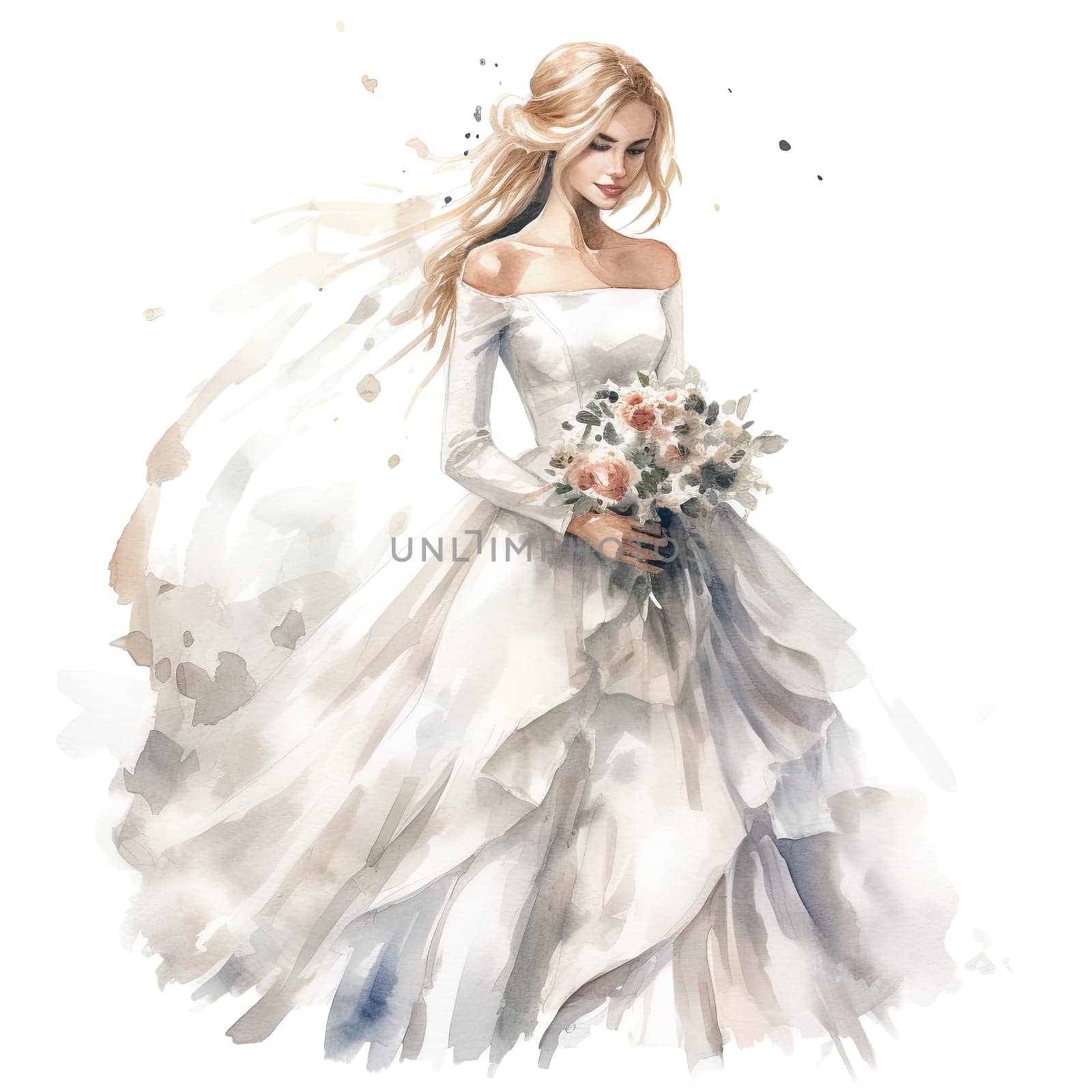 bride wearing a long wedding dress walking with roses watercolor art. Ai generative. by jbruiz78