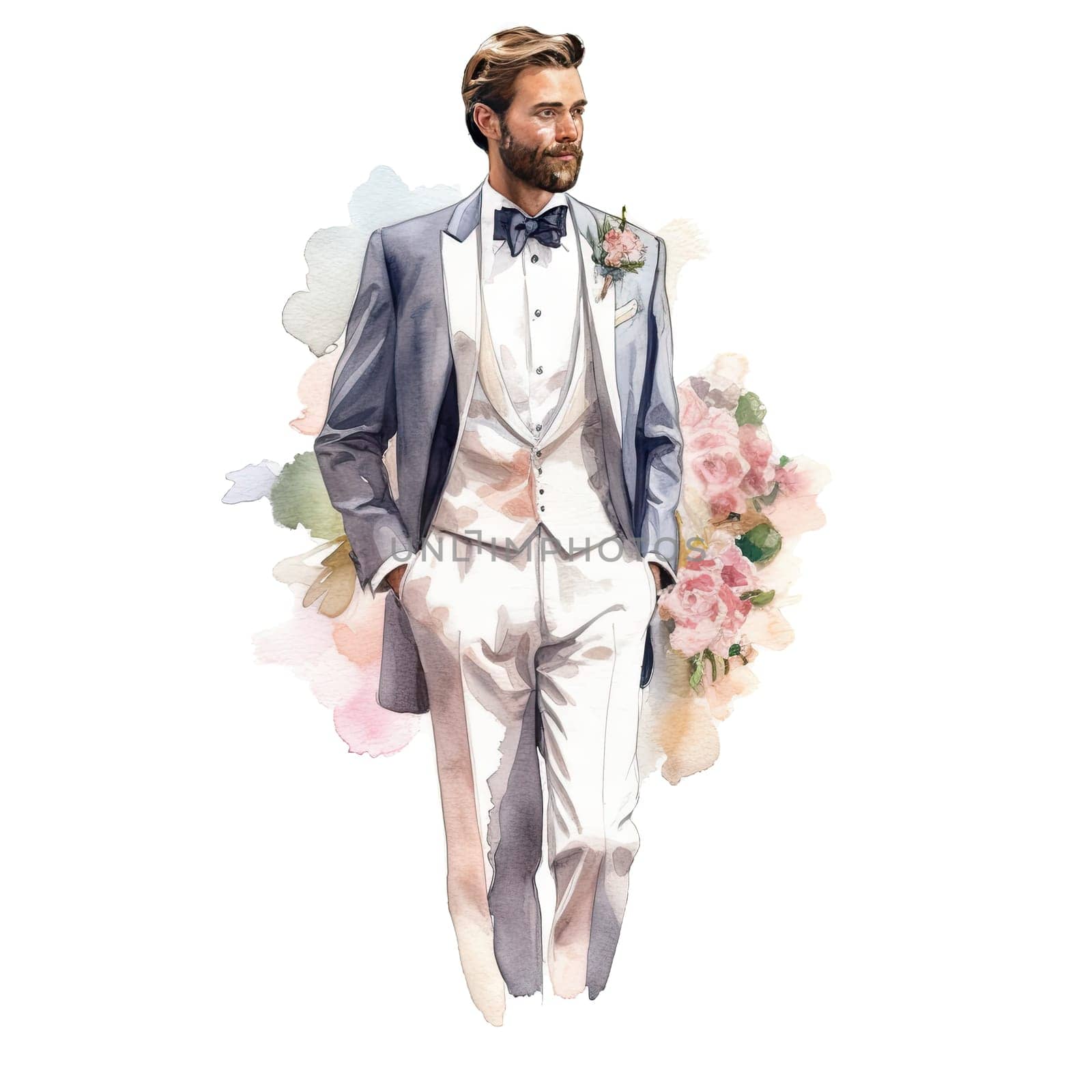 Groom Watercolor illustration template for wedding invitation. Ai generative