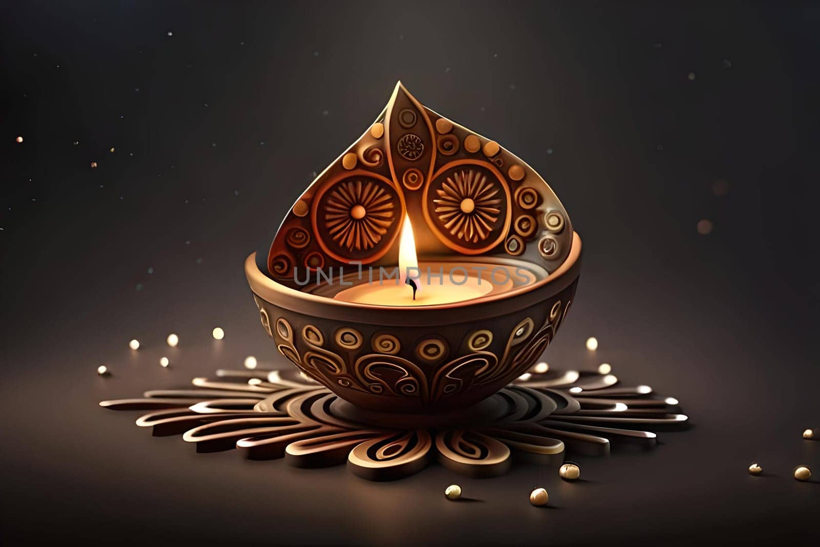 3D rendering indian lamp for diwali celebration on soft background ethereal. Colorful particle effects in the background. Gold filigree on a indian lamp. AI-generated Digital Art