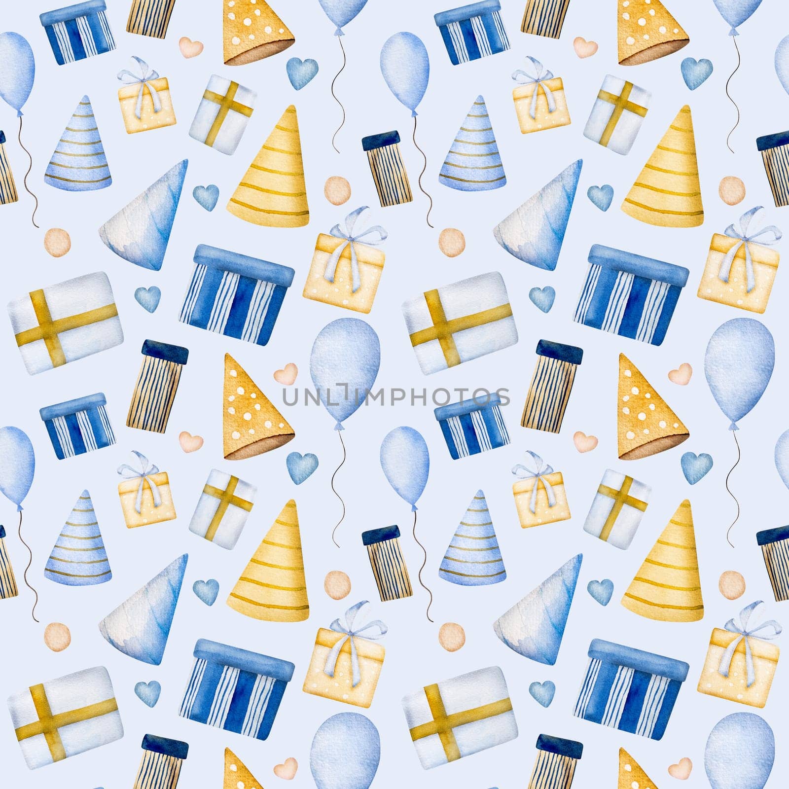 Happy birthday postcard with blue gift box, air ballon and party hat watercolor seamless pattern. Festive paintings for newborn baby boy with presents