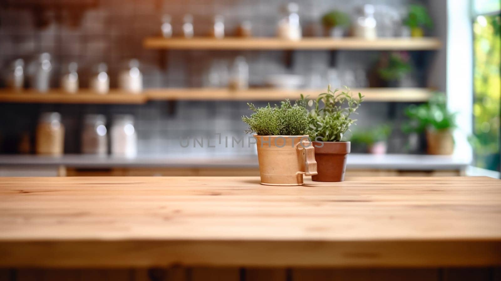 wooden empty table for mock up against blurred kitchen background with bokeh. AI Generative.