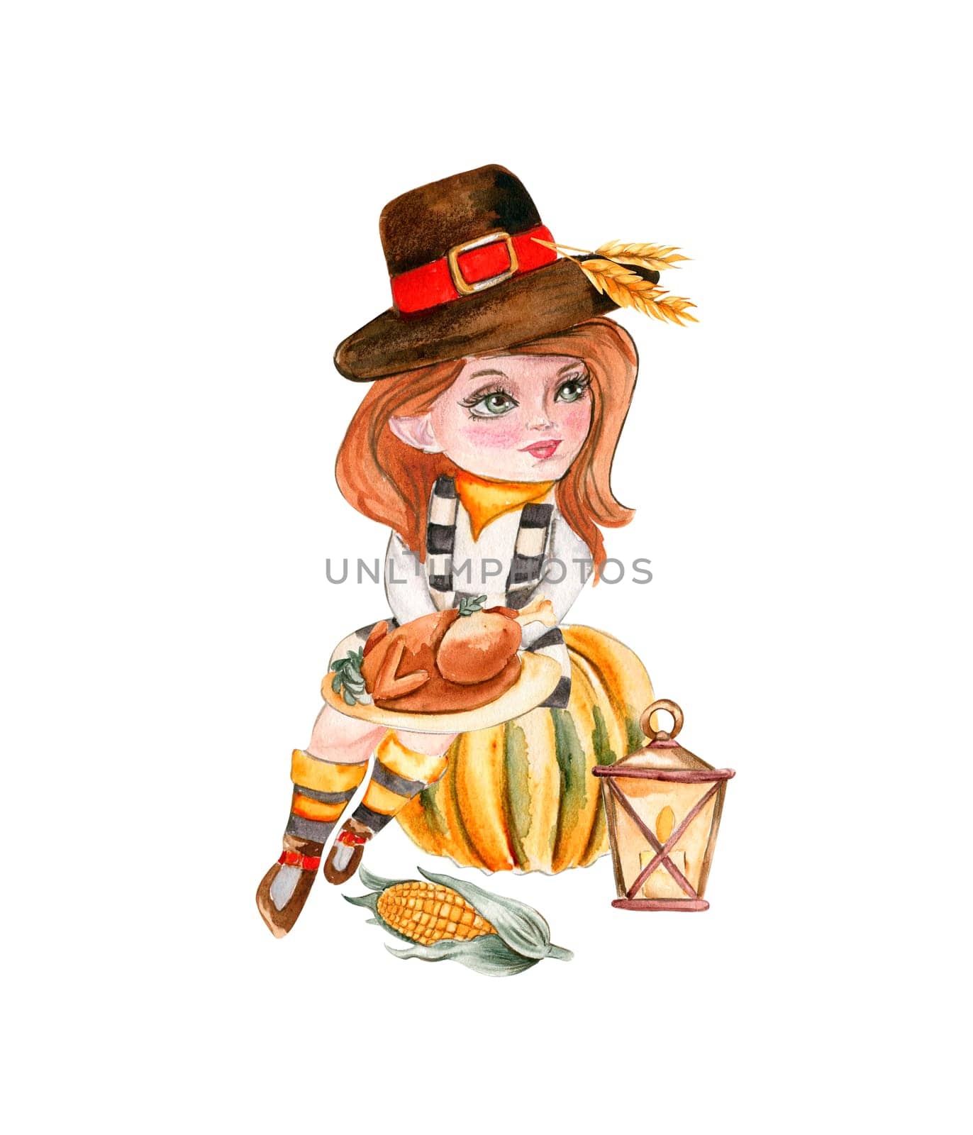 Composition of an autumn girl gnome and thanksgiving turkey. Hand drawn illustration of autumn. Perfect for scrapbooking, kids design, wedding invitation, posters, greetings cards, party decoration.