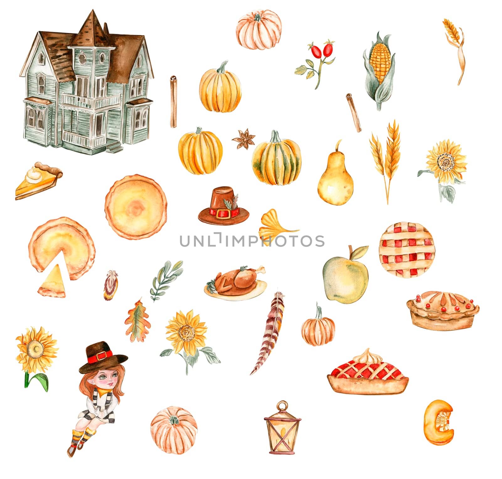 Watercolor hand drawn autumn farm house,pumpkins and cakes. Hand drawn illustration of thanksgiving day . Perfect for scrapbooking, kids design, wedding invitation, posters, greetings cards, party decoration.