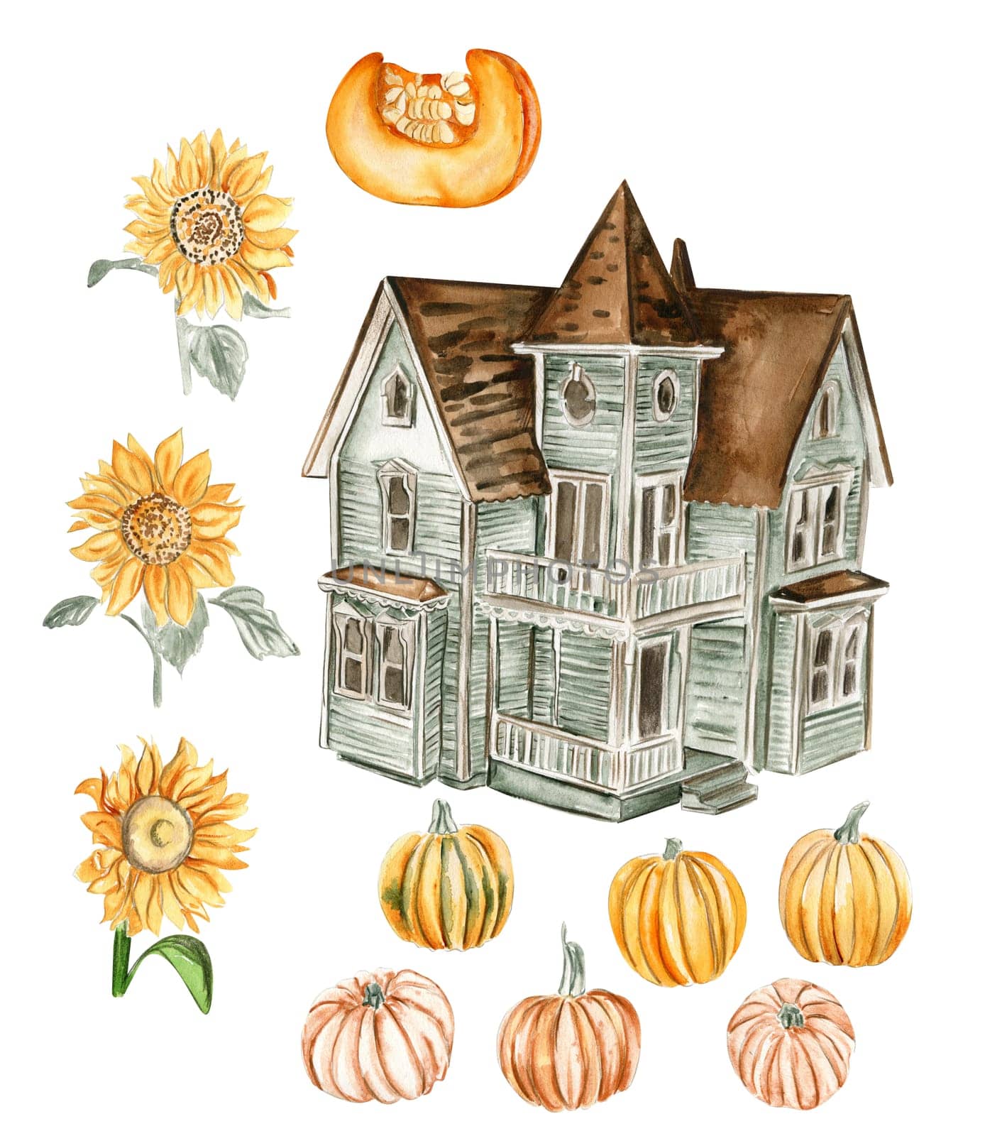 Watercolor hand drawn autumn farm house, pumpkins. Hand drawn illustration of an autumn. Perfect for scrapbooking, kids design, wedding invitation, posters, greetings cards, party decoration.