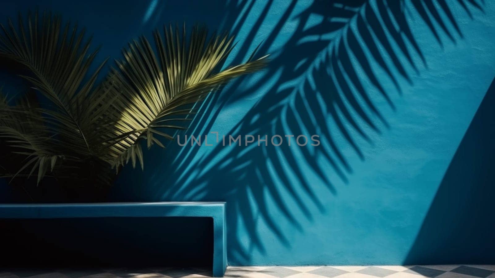 Blue empty table top and blue pattern wall with palm leaf shadows. Place for your product display. Ai Generative by lucia_fox