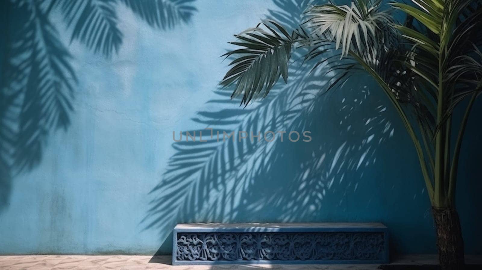 Blue empty table top and blue pattern wall with palm leaf shadows. Place for your product display. Ai Generative by lucia_fox