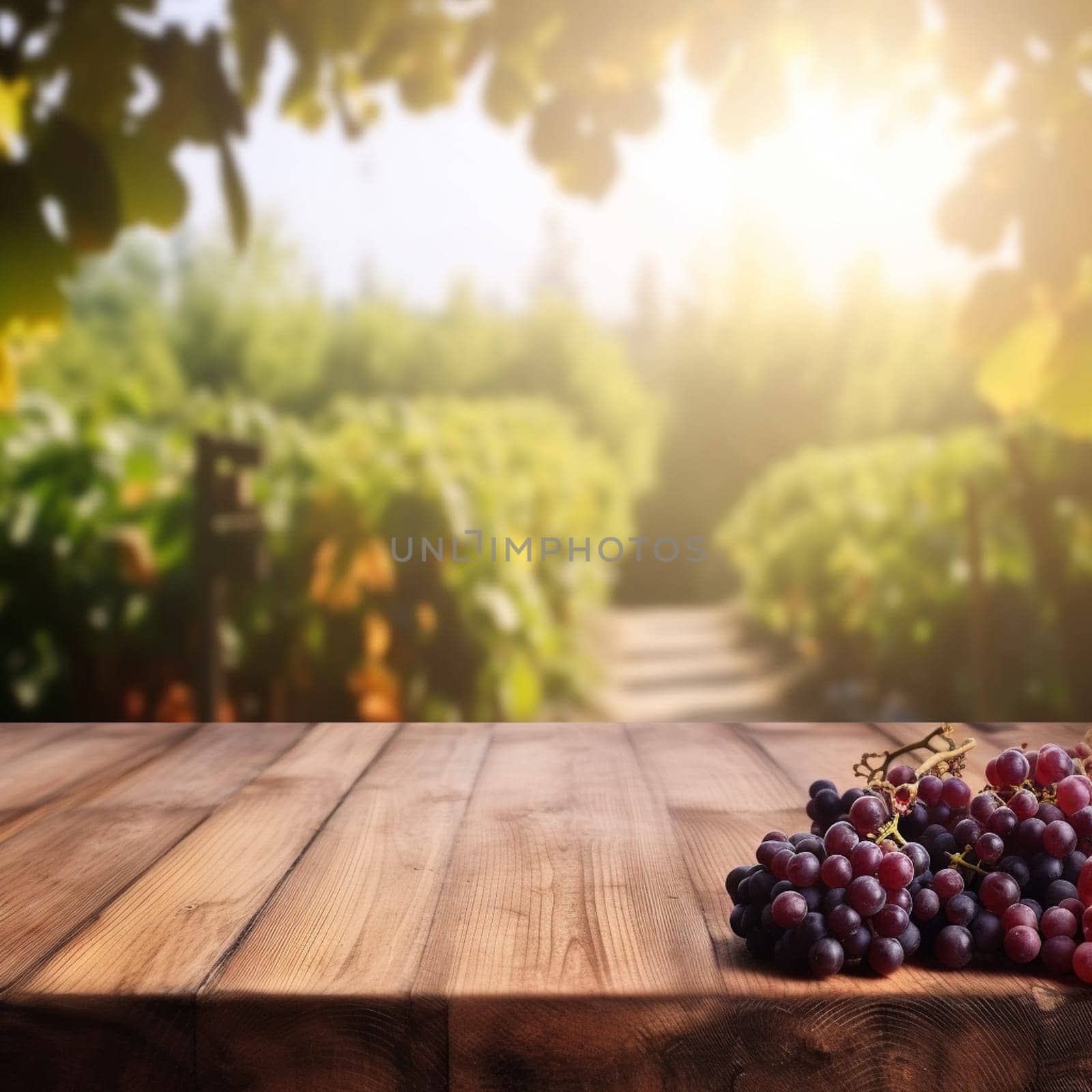 wooden empty table for mock up against blurred background with french vineyard. Ai Generative by lucia_fox
