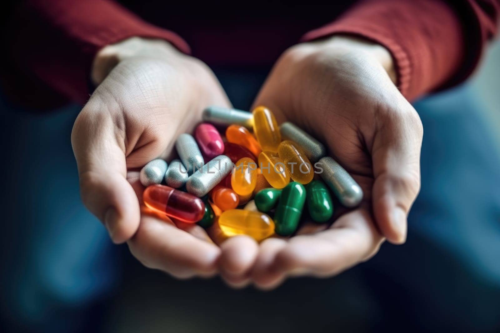 Healthcare and medicine concept. Hands of woman holding colorful pills , AI Generated