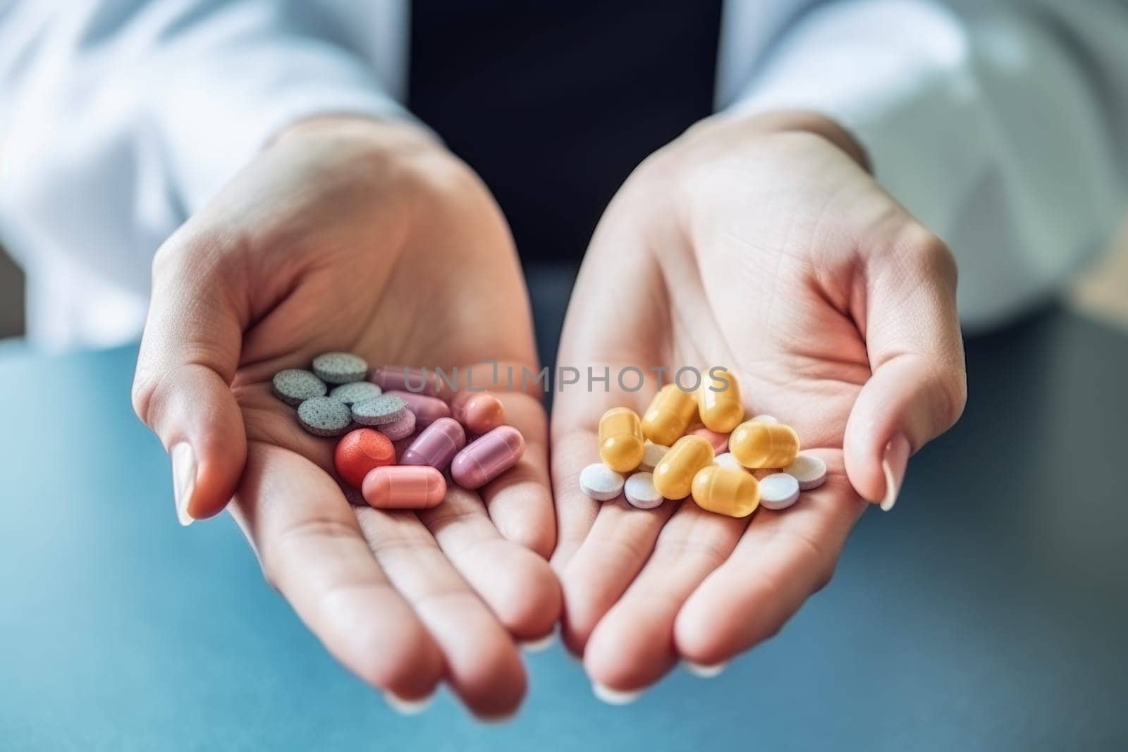 Healthcare and medicine concept. Hands of woman holding colorful pills , AI Generated