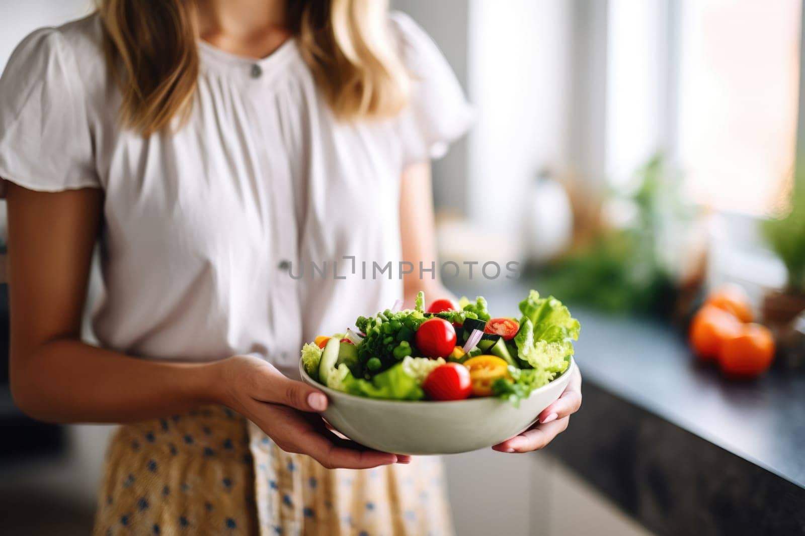 Healthy vegetarian dinner. Unrecognizable woman hands holding bowl of salad, AI Generated