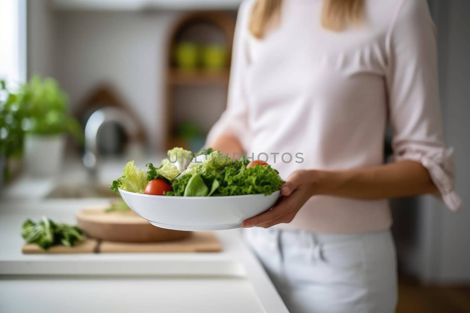 Healthy vegetarian dinner. Unrecognizable woman hands holding bowl of salad, AI Generated