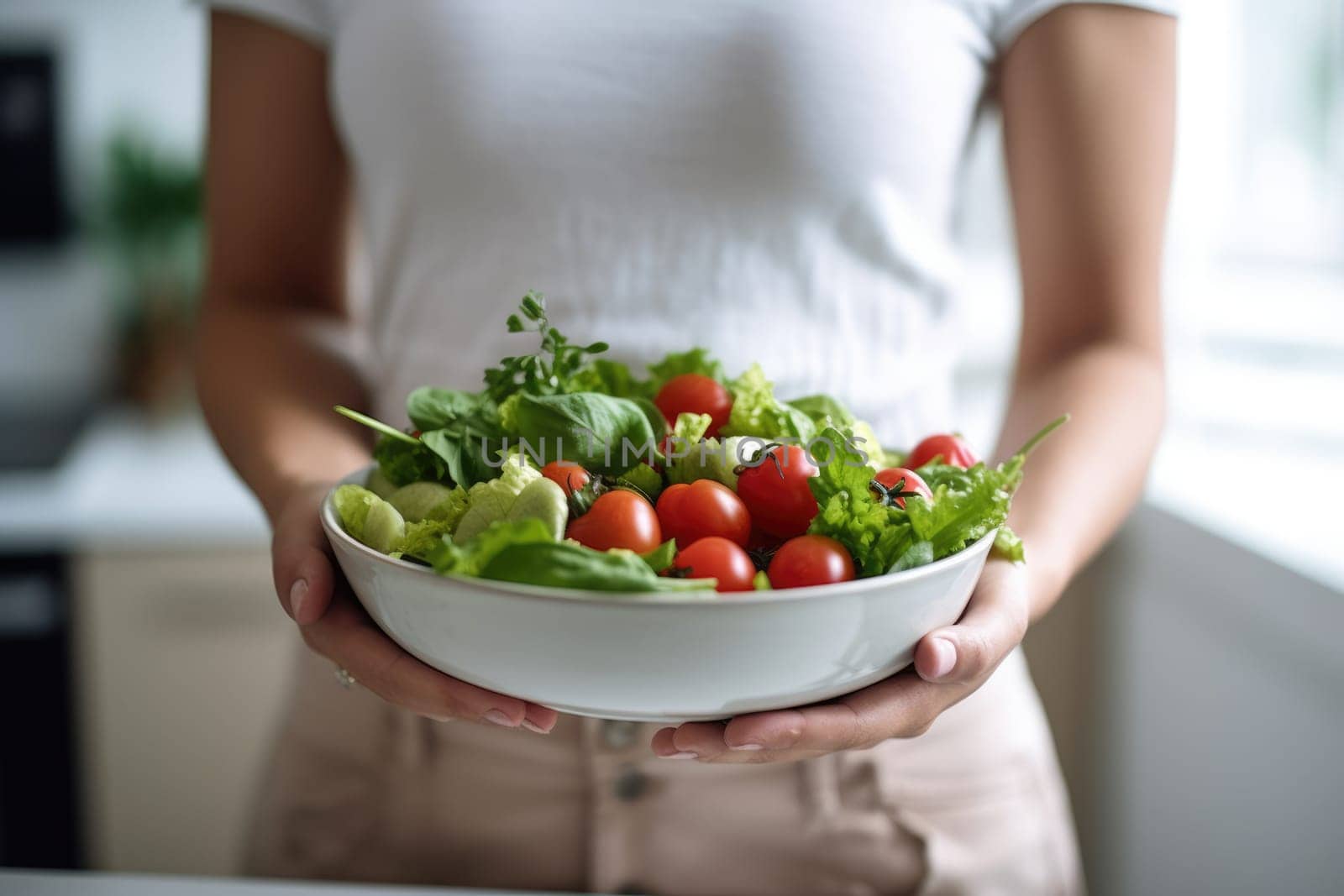 Healthy vegetarian dinner. Unrecognizable woman hands holding bowl of salad, AI Generated