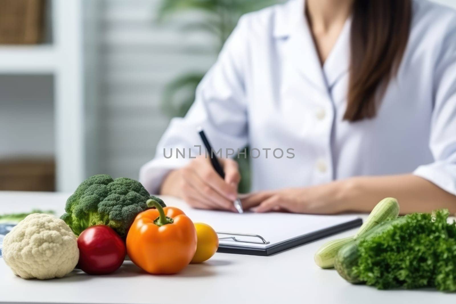 healthcare and diet concept. Female nutritionist with fruits working at her desk. Female nutritionist at her workplace, AI Generated