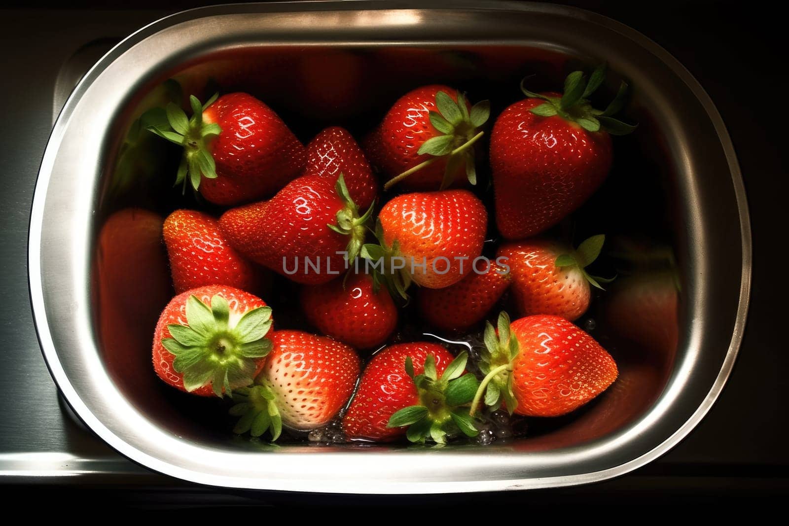 Fresh Strawberries in metal bowl in kitchen sink for washing, AI Generated