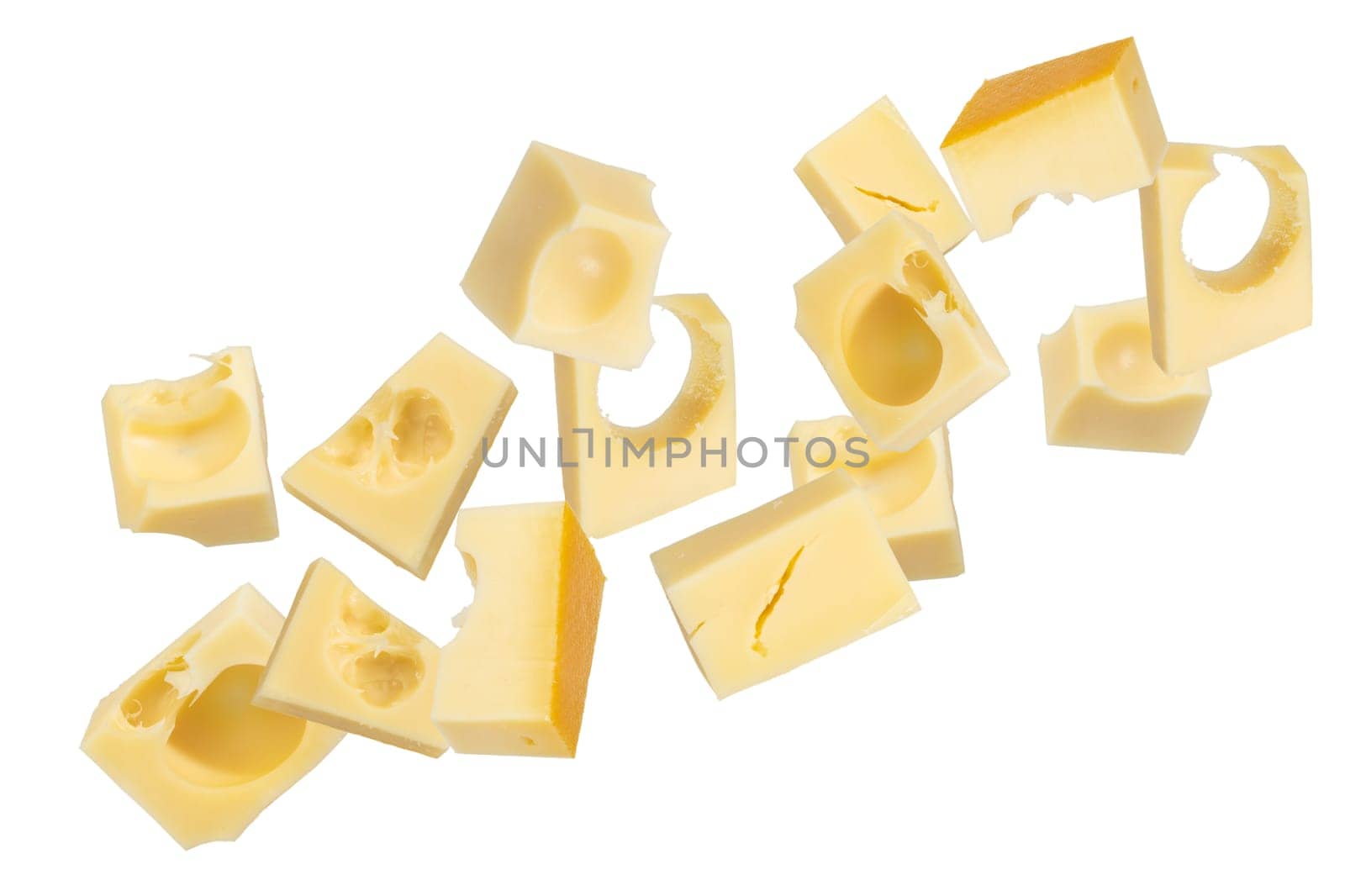 Pieces of emmental cheese on a white isolated background. Pieces fly off in all directions. To be inserted into a design or project. High quality photo